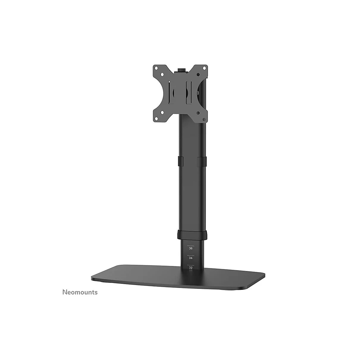 Schwarzer Monitorständer vor weißem Hintergrund. Der Ständer hat eine Basis, einen Mast und eine Halterung.