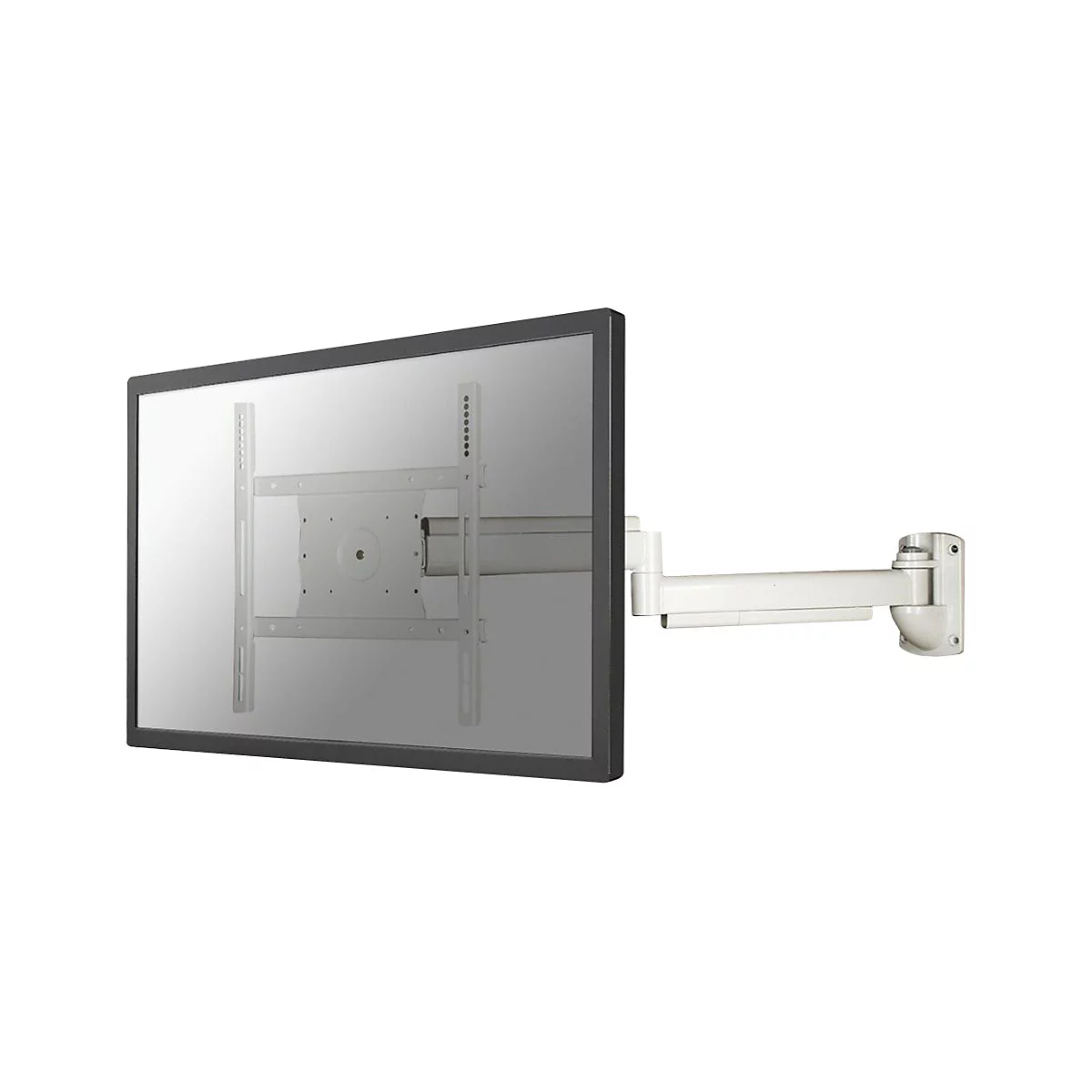 Ein grauer Bildschirm, montiert an einer weißen, schwenkbaren TV-Halterung.