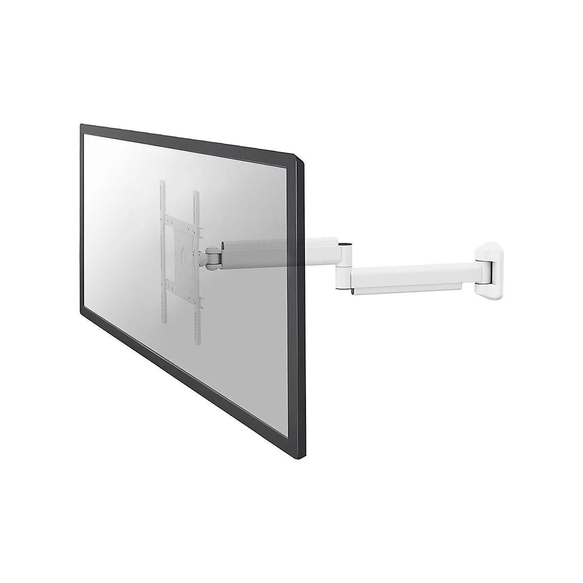 Flachbildschirm an weißem Wandhalter, vor weißem Hintergrund. Die Halterung ist ausgefahren.