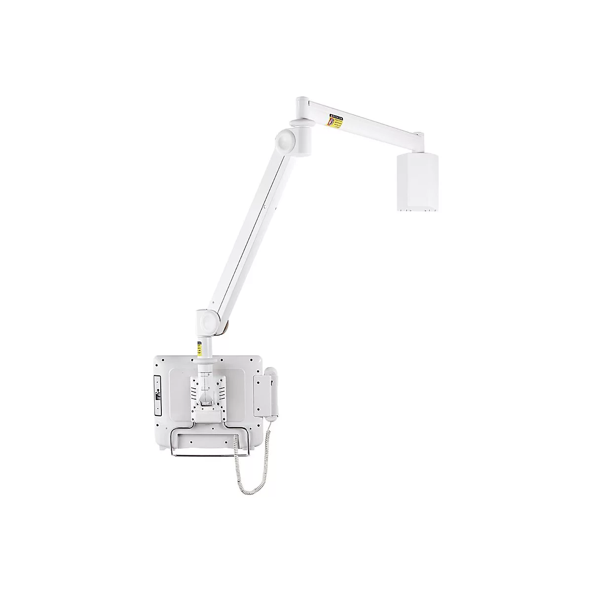 Medizinischer Deckenmonitor mit Arm; weiß, mit Telefon und Bildschirm. Auf weißem Hintergrund. 