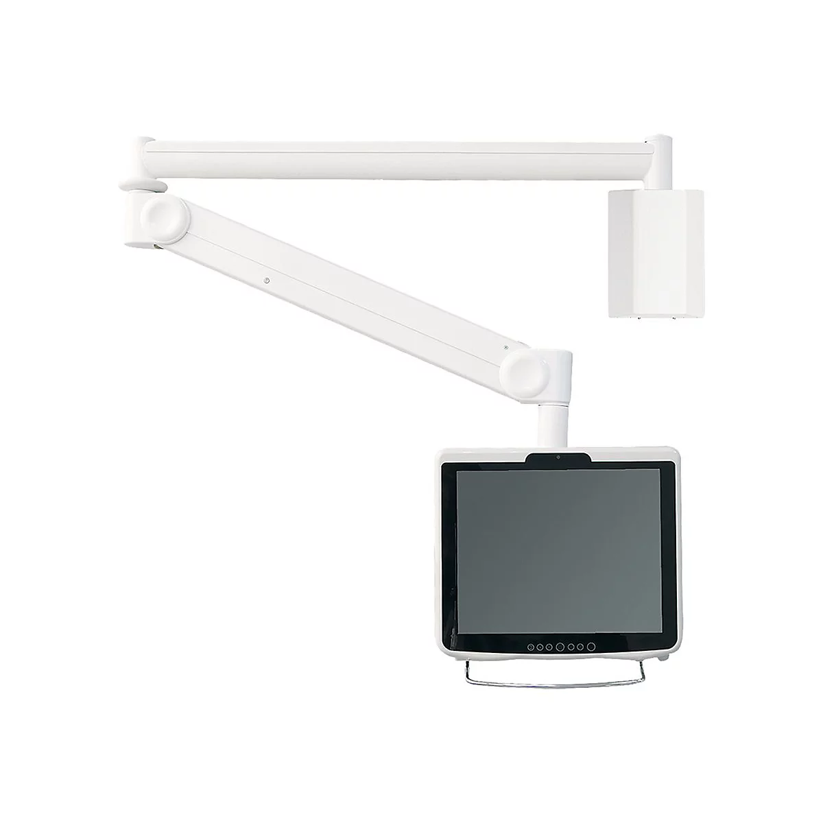 Weißes, schwenkbares Wanddisplay mit Touchscreen und Arm.