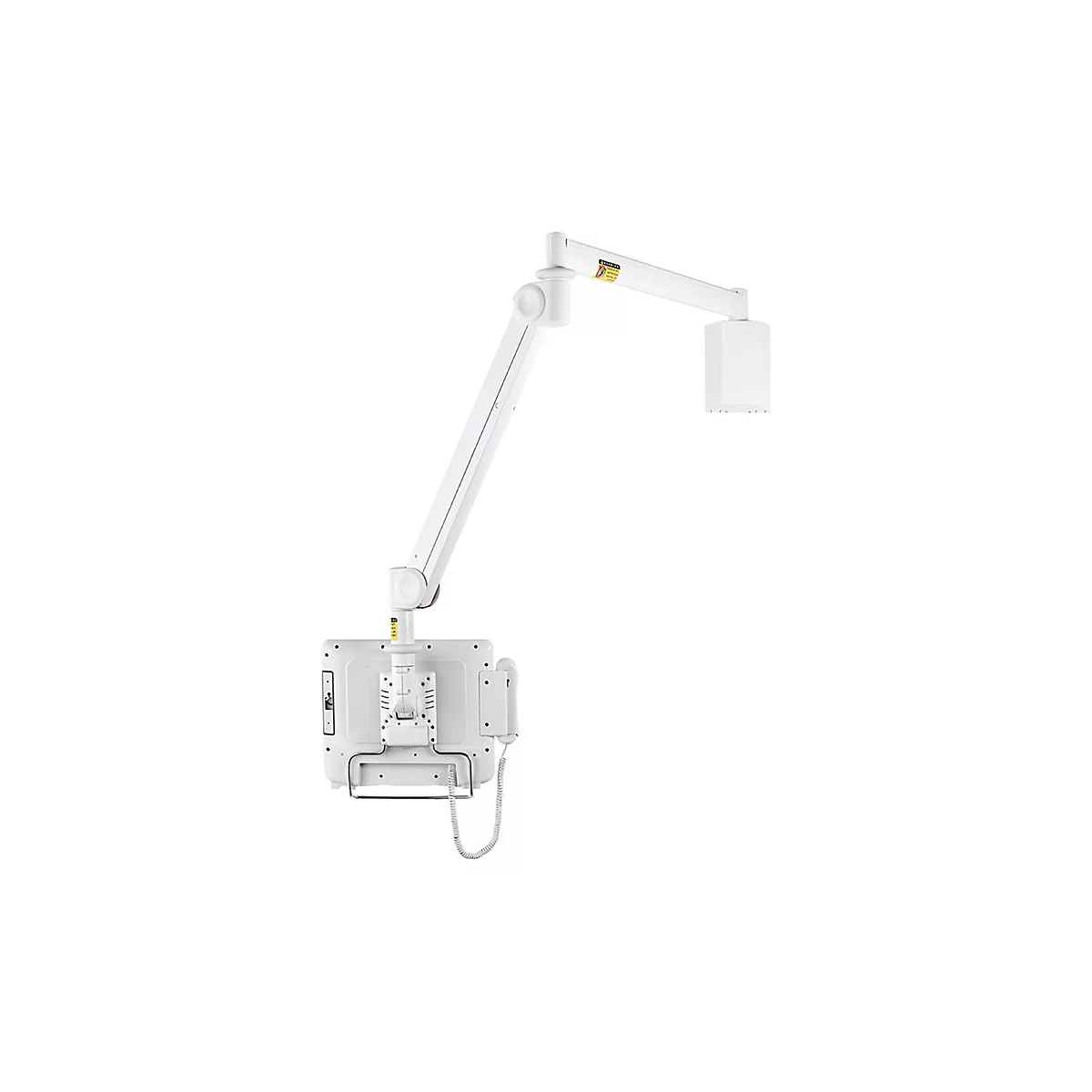 Eine weiÃŸe medizinische GerÃ¤t, das an einem Arm montiert ist. An dem Arm sind ein Monitor und eine Leuchte befestigt.