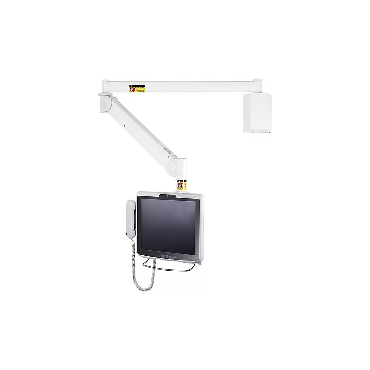WeiÃŸes, an der Wand montiertes medizinisches GerÃ¤t mit Bildschirm, Telefon und Ausleger.