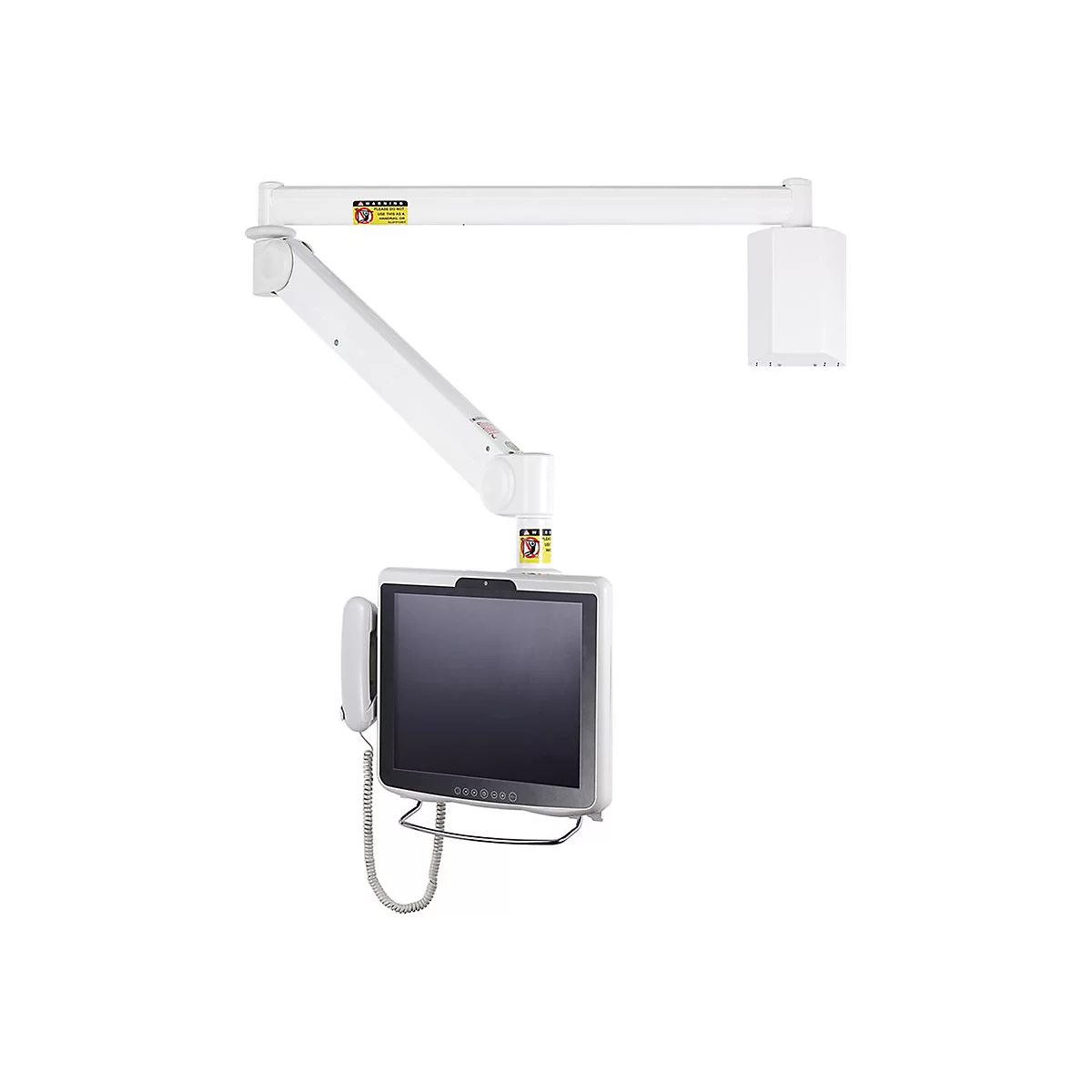 Weißes, wandmontiertes medizinisches Gerät mit Bildschirm, Telefonhörer und beweglichem Arm.
