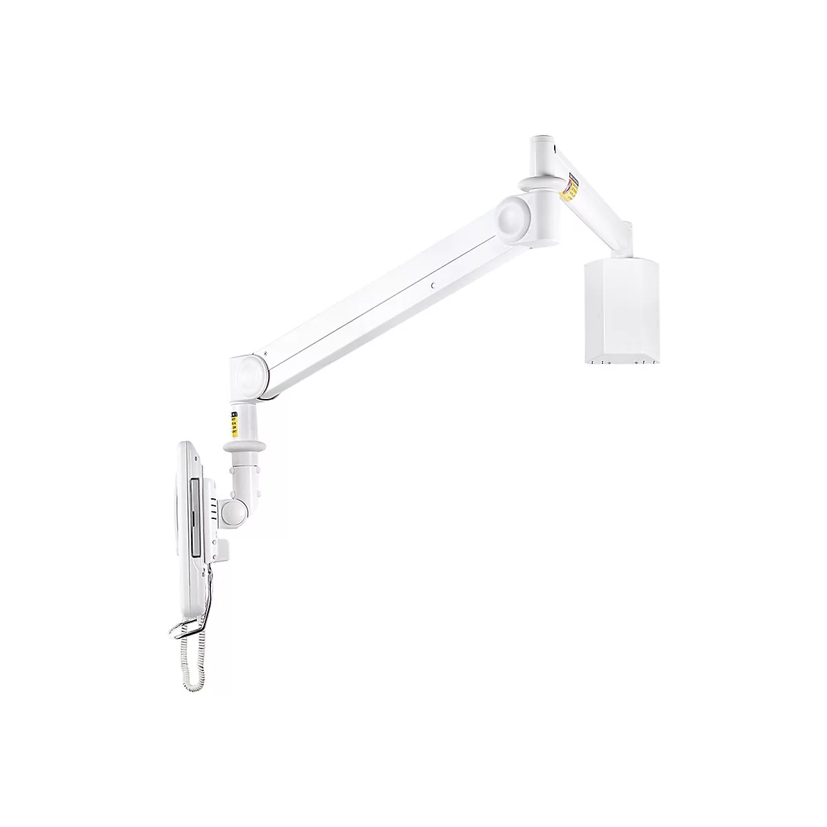 Weiße, an der Wand befestigte medizinische Lampe mit Arm, Halterung und Licht. Der Hintergrund ist weiß.
