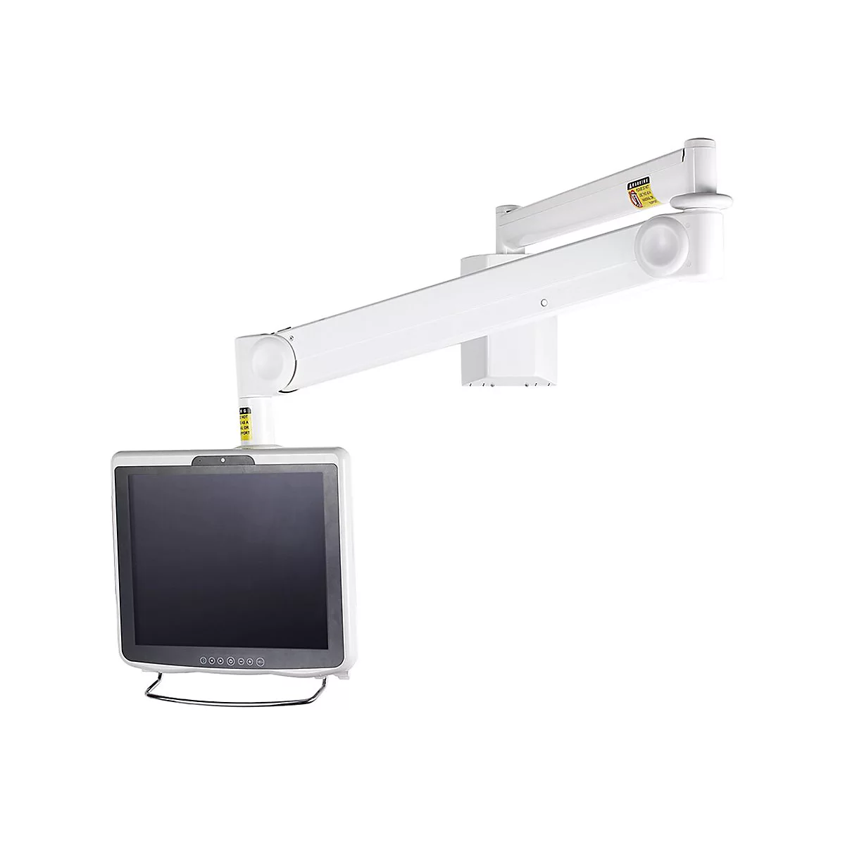 Weißer Wandmonitor mit schwenkbarem Arm, vor weißem Hintergrund. Bildschirm schwarz, Beschriftung mit Warnhinweis.