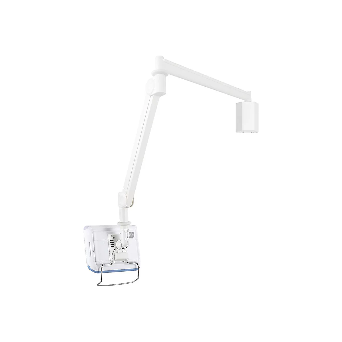 Weiße Zahnarztlampe mit schwenkbarem Arm, vor weißem Hintergrund.