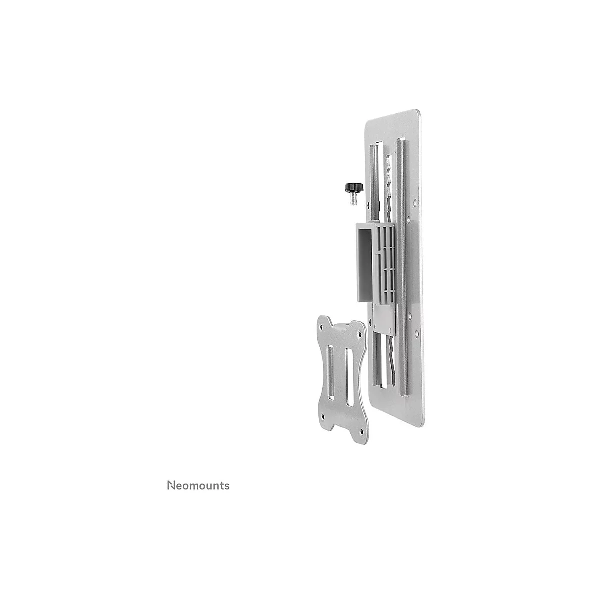 Silberne TV-Halterung, bestehend aus Halterung, Aufnahme und Schrauben. Das Logo 'Neomounts' ist unten links zu sehen.