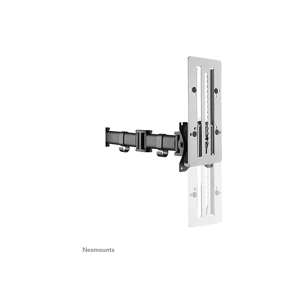Schwarze TV-Halterung, silberne Halteplatte, weißer Hintergrund. Aufschrift: Neomounts.