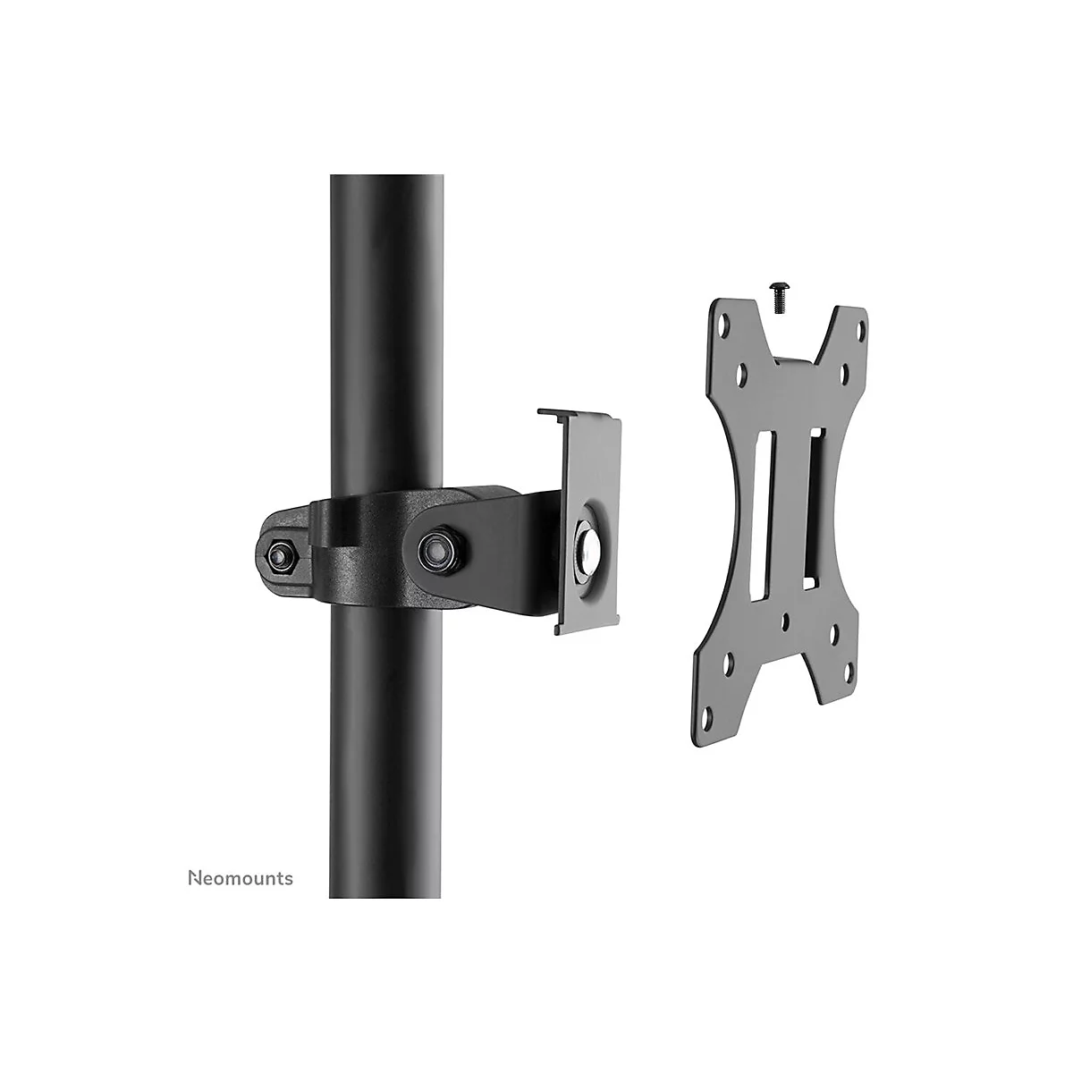 Schwarze Monitorhalterung, bestehend aus Halterung, Platte und Schraube, vor weißem Hintergrund. Der Name 'Neomounts' ist unten links zu sehen.