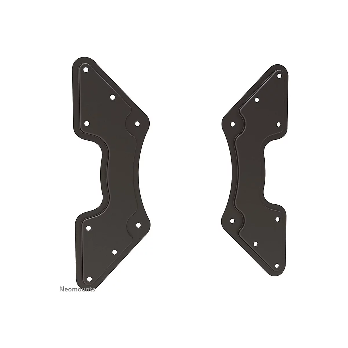 Zwei braune Metallhalterungen für eine Wandhalterung. Jede Halterung hat mehrere Löcher und eine geschwungene Form.