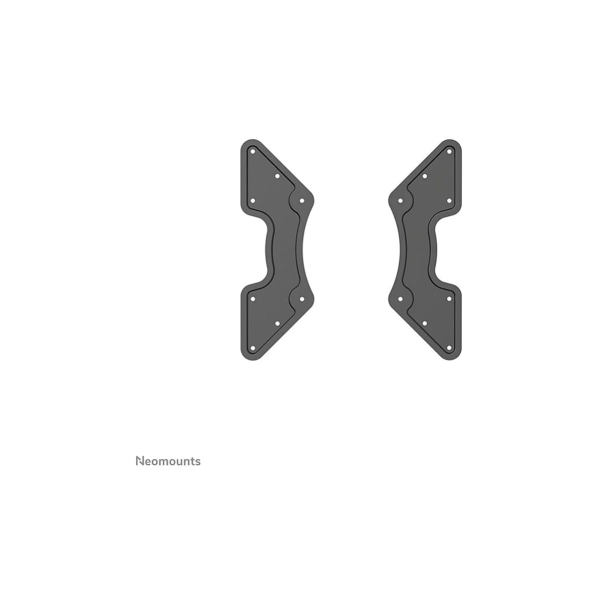 Zwei graue Montageplatten für eine TV-Halterung, mit Löchern für die Schrauben.