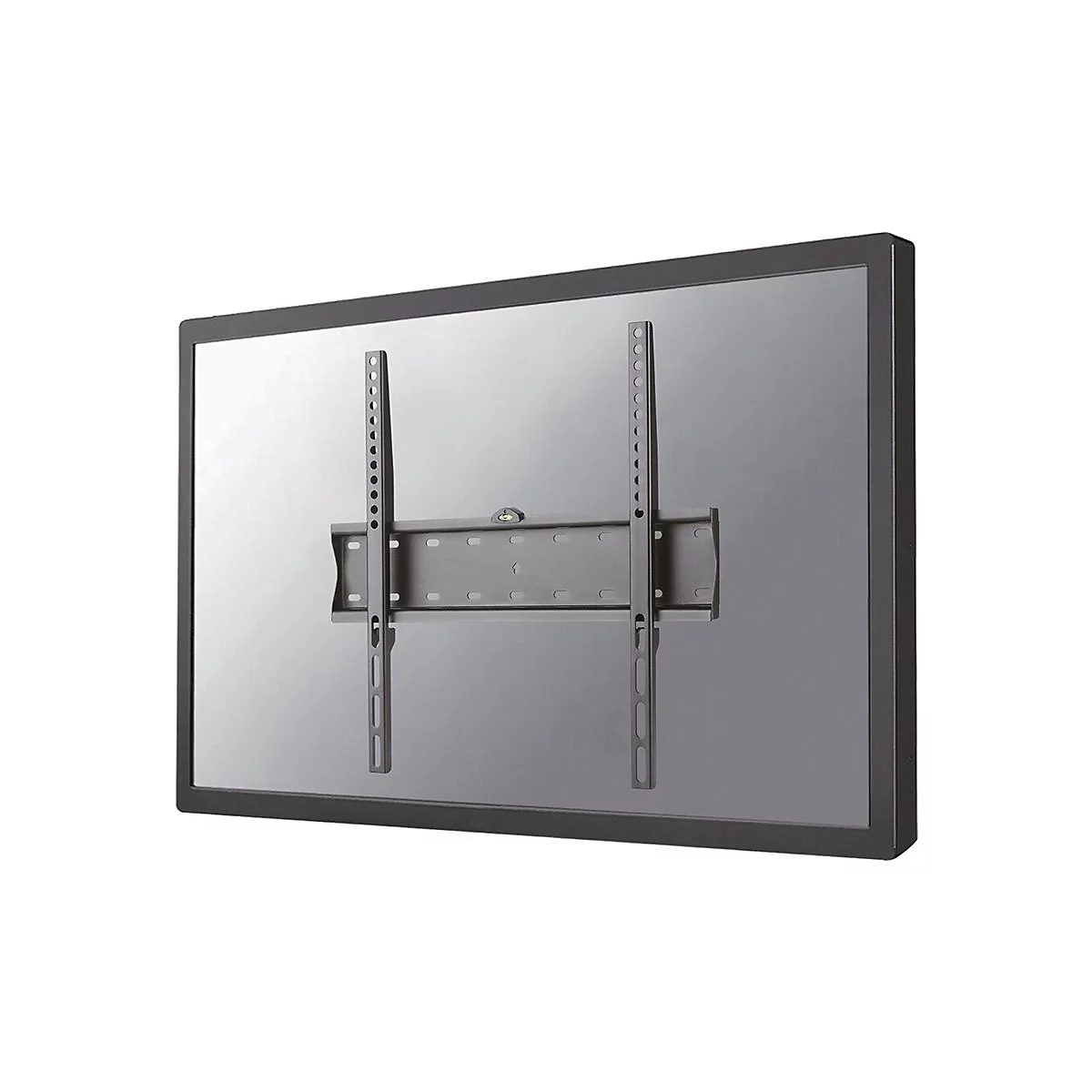 Schwarze TV-Halterung. Zwei vertikale Halterungen mit Schraublöchern sind mit einer horizontalen Halterung verbunden.