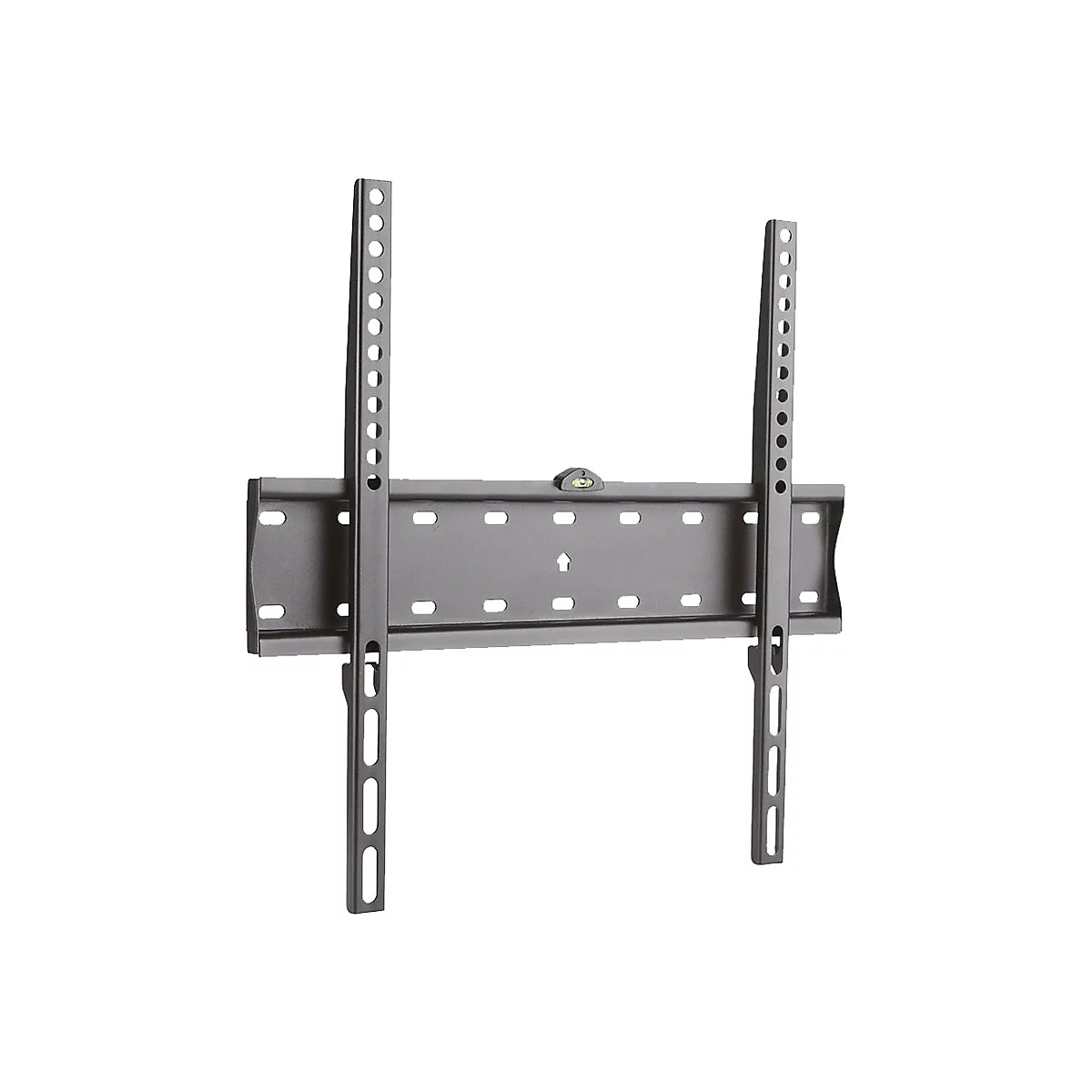 Graue TV-Wandhalterung, bestehend aus Halterung und zwei vertikalen Stangen mit Löchern.