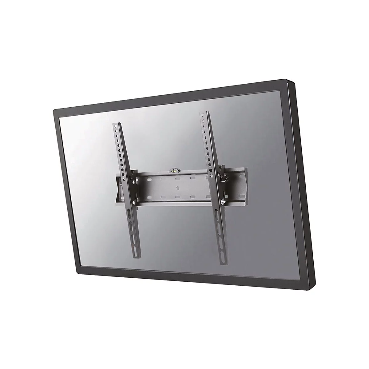 Schwarze TV-Halterung, Montageplatte und Halterungselemente. Vor grauem Hintergrund.