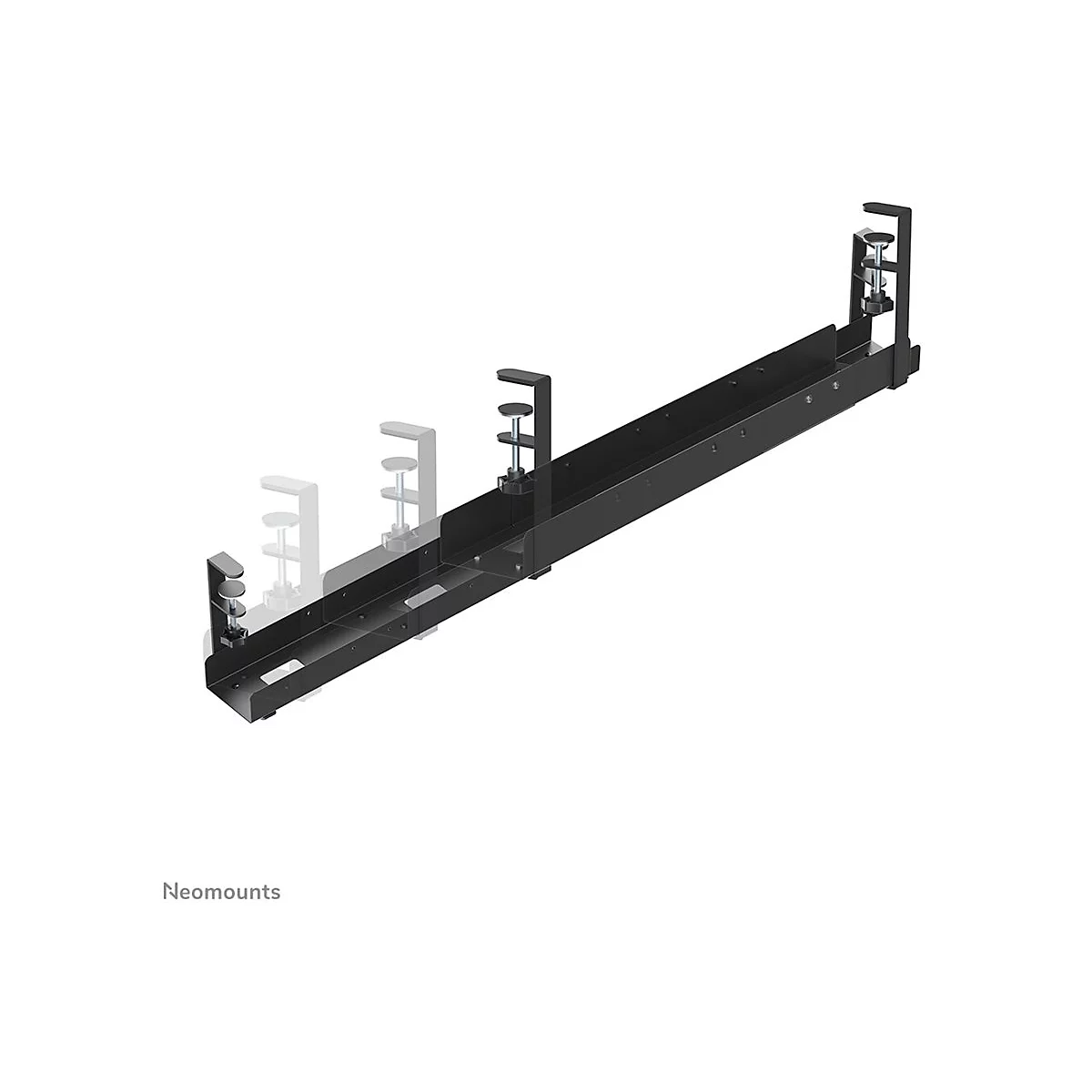 Schwarzer Monitorhalter, mit Klemmen an einem weißen Hintergrund.