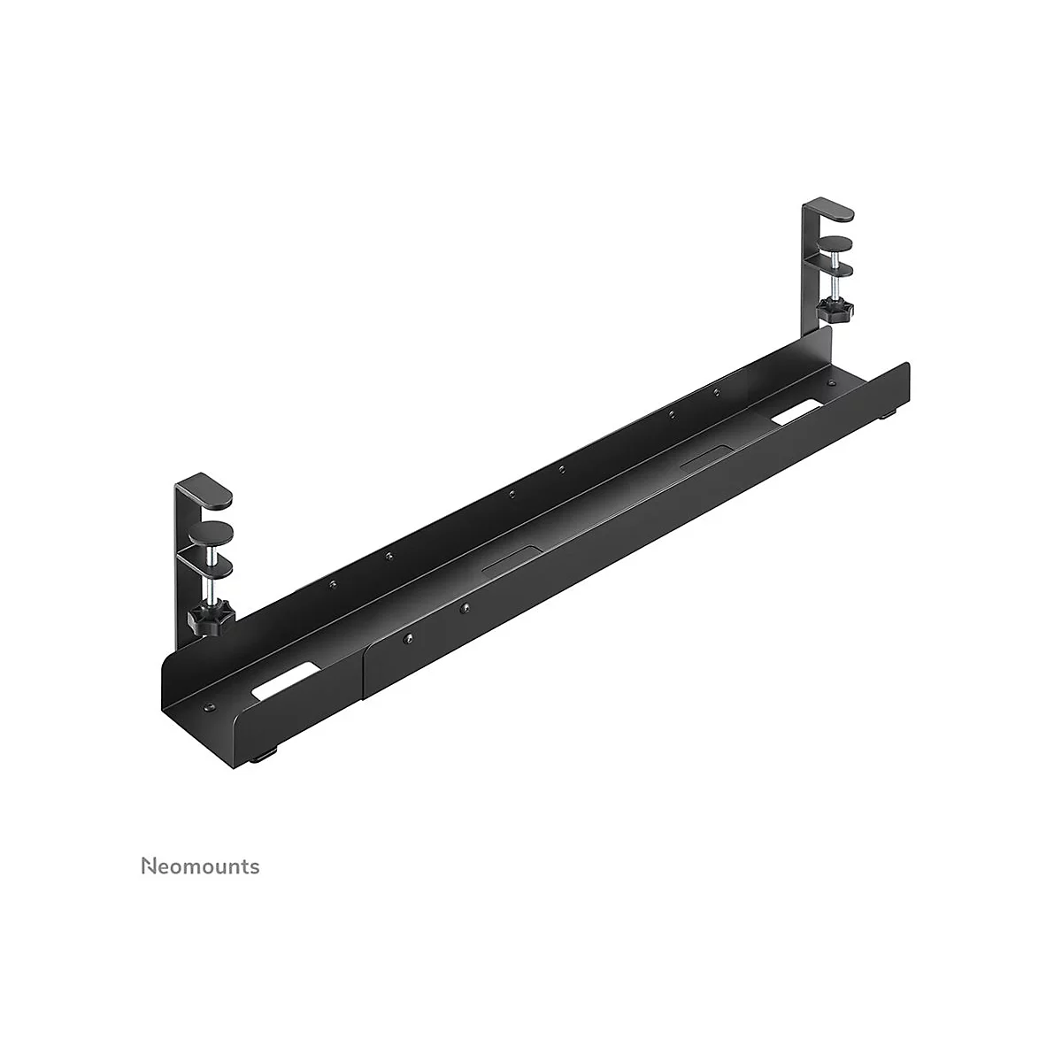 Schwarze, metallene Halterung zur Montage unter einem Schreibtisch. Mit Klammern und Einstellschrauben.
