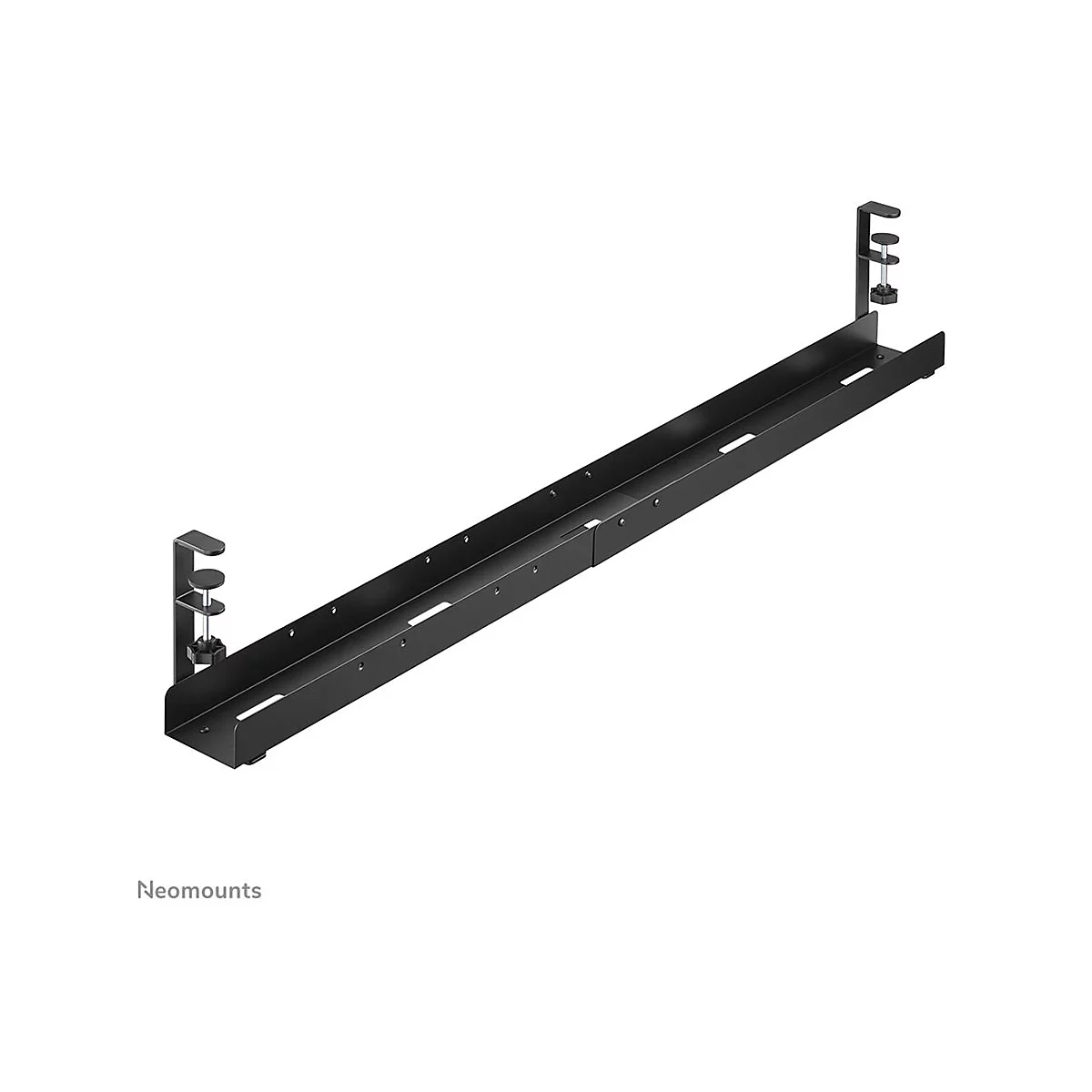 Schwarze Monitorhalterung, mit Klemmvorrichtungen, auf weißem Hintergrund. Markenlogo: Neomounts.