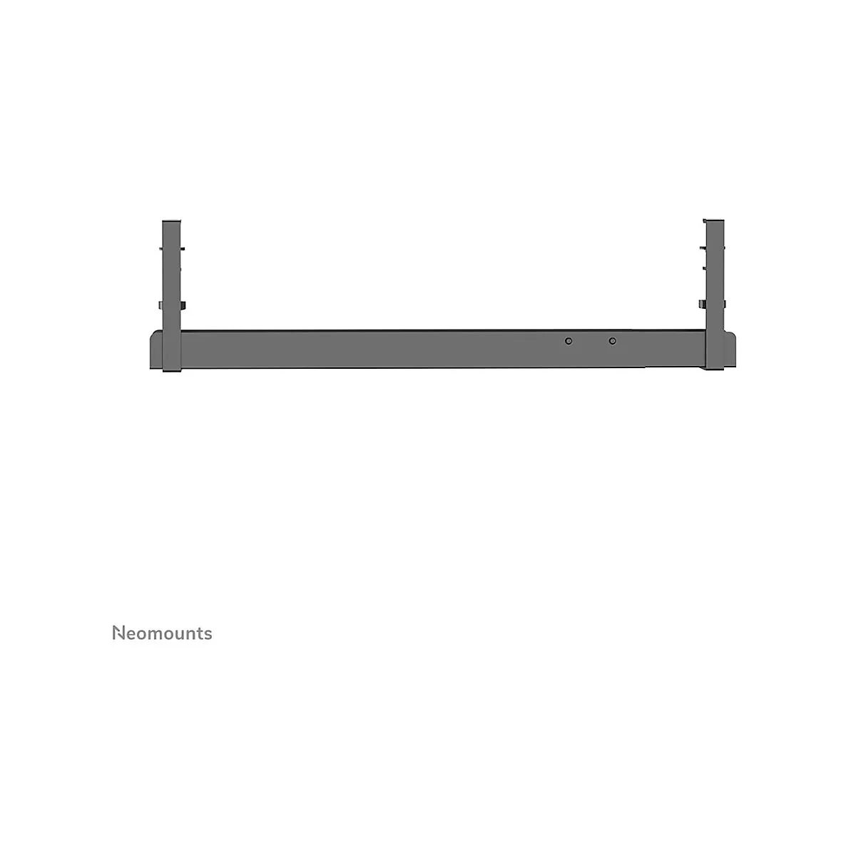 Graue Halterung für Monitore vor weißem Hintergrund. Logo Neomounts unten links.