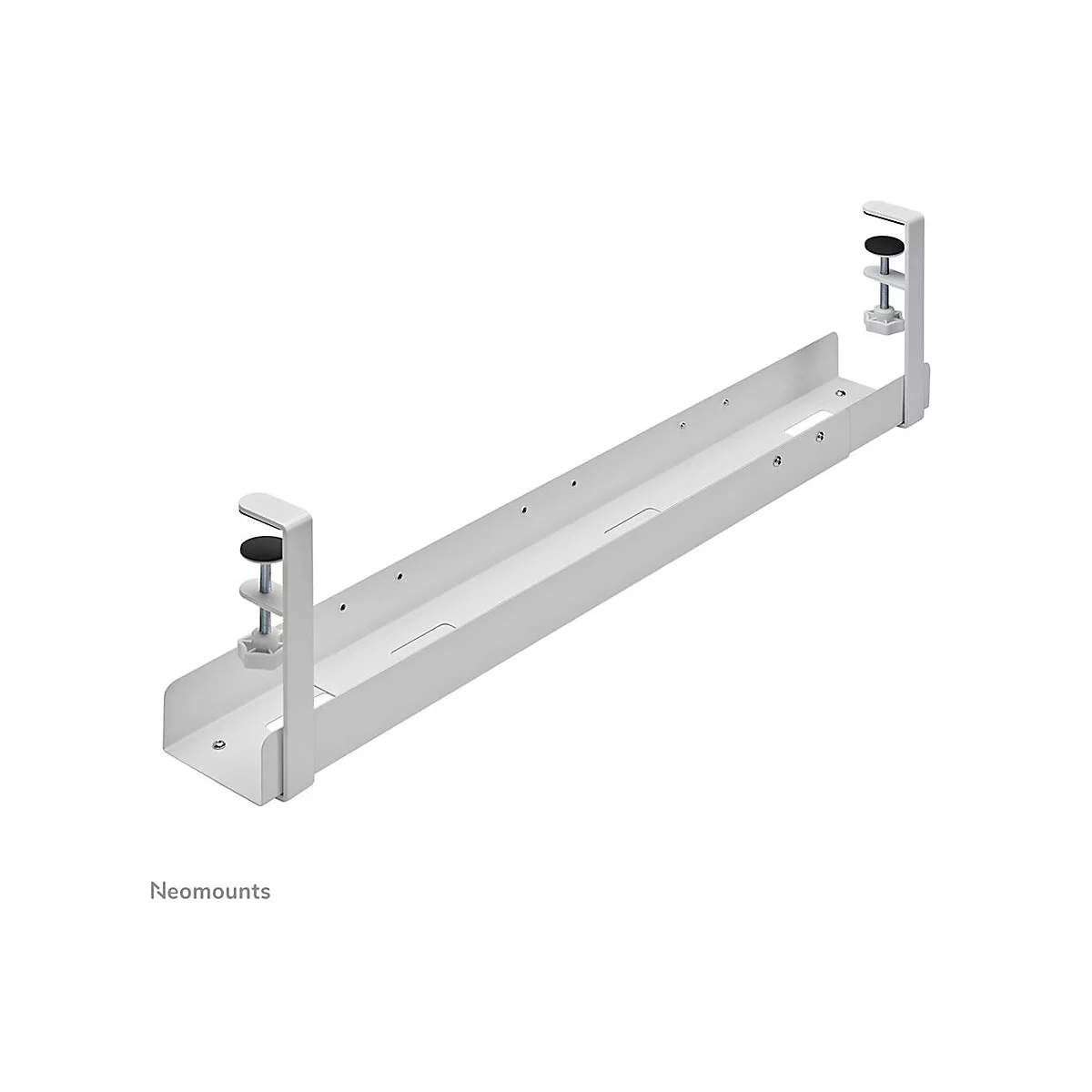 Weißer Monitorhalter mit Klemmen. Unten steht 'Neomounts'.