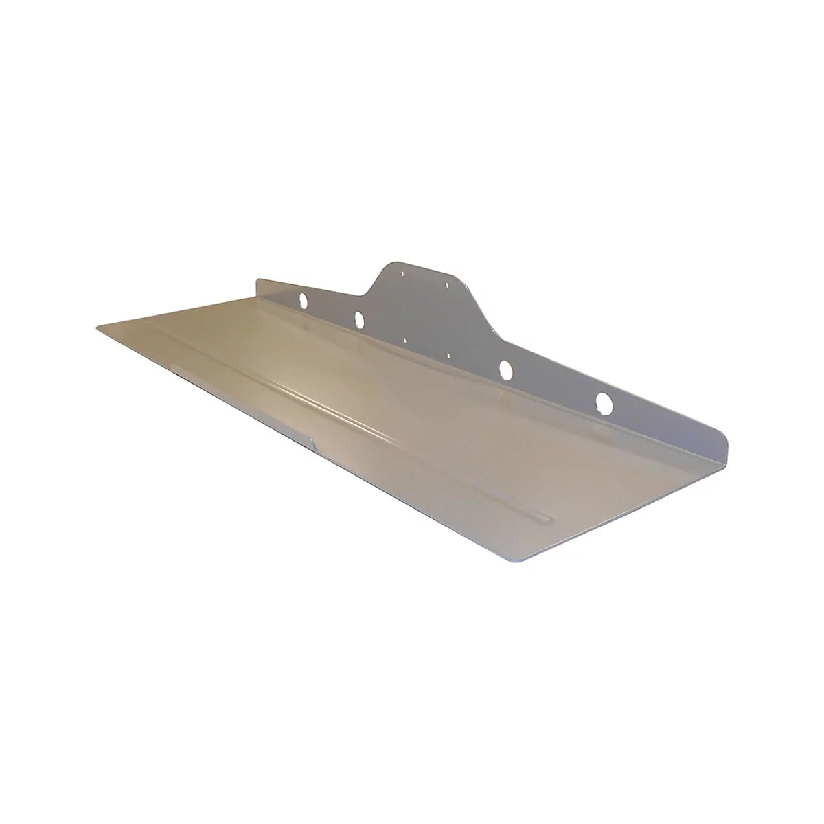 Helle, längliche Metallablage mit seitlicher Aufkantung, Befestigungslöchern und Montagewinkel.
