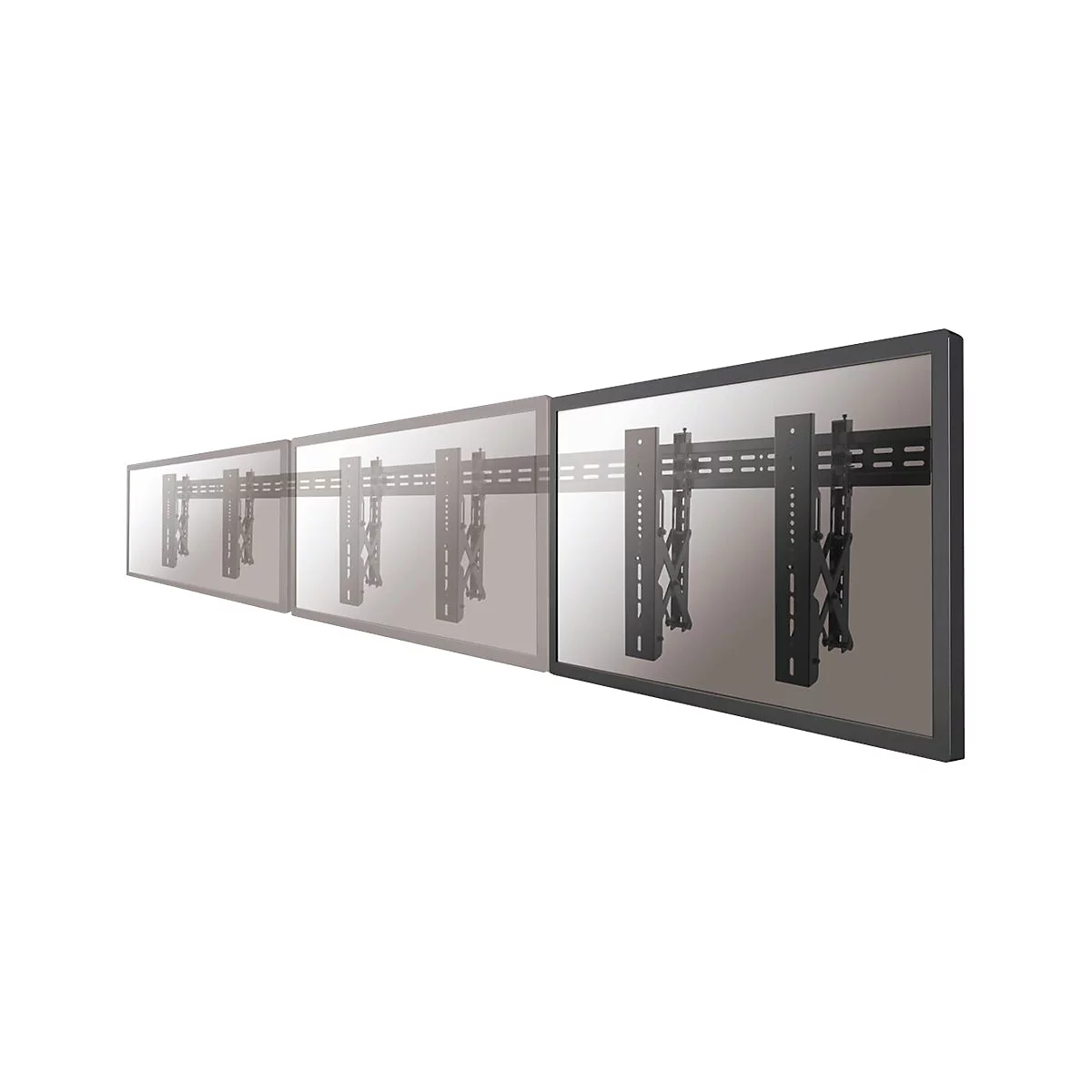 Schwarze TV-Wandhalterung, dreifach dargestellt mit unterschiedlicher Transparenz, vor weißem Hintergrund. Die Halterung ist an einem Fernseher angebracht.