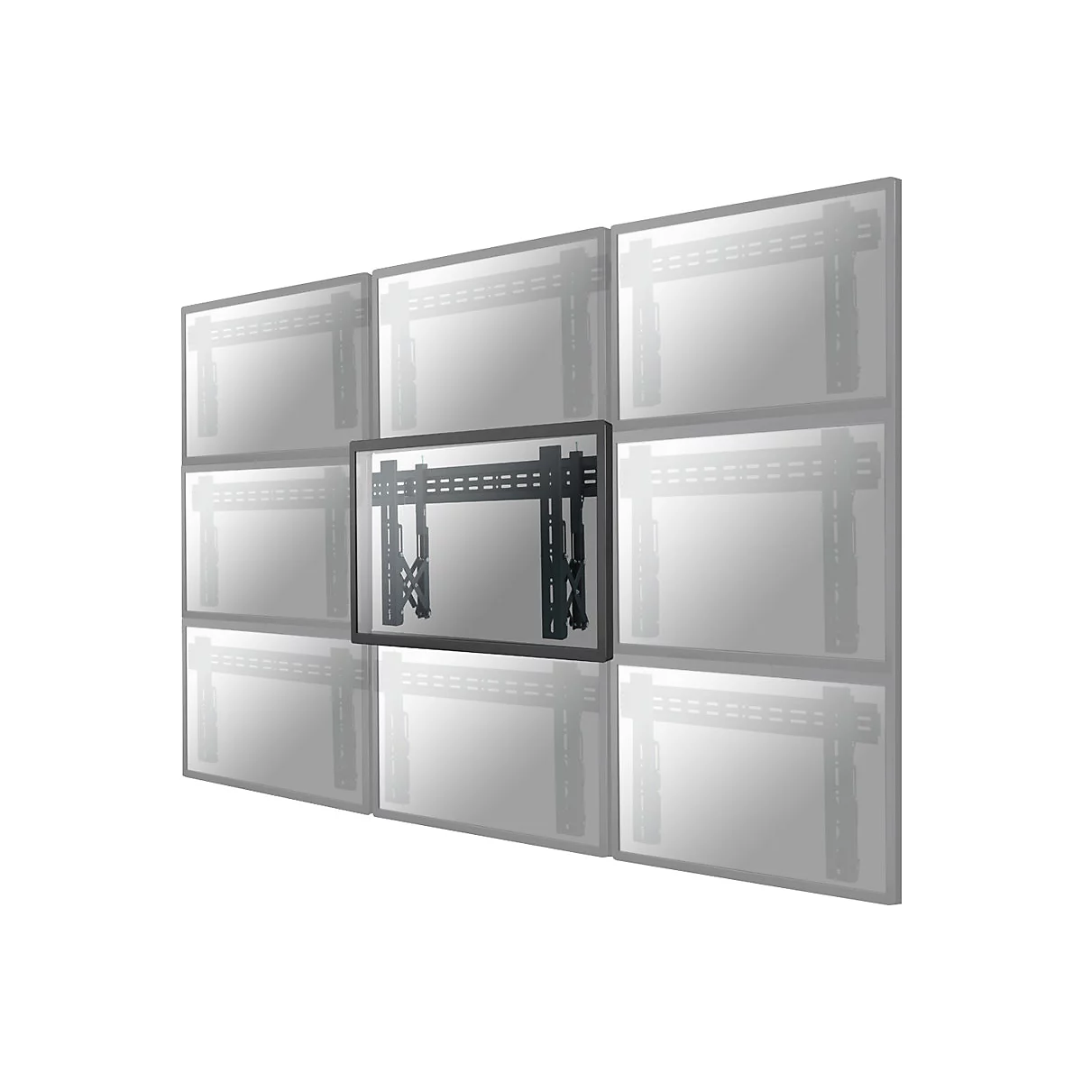 Schwarze TV-Halterung, in eine Wand mit mehreren Bildschirmen integriert, vor weißem Hintergrund. Die Halterung ist im Zentrum fokussiert.