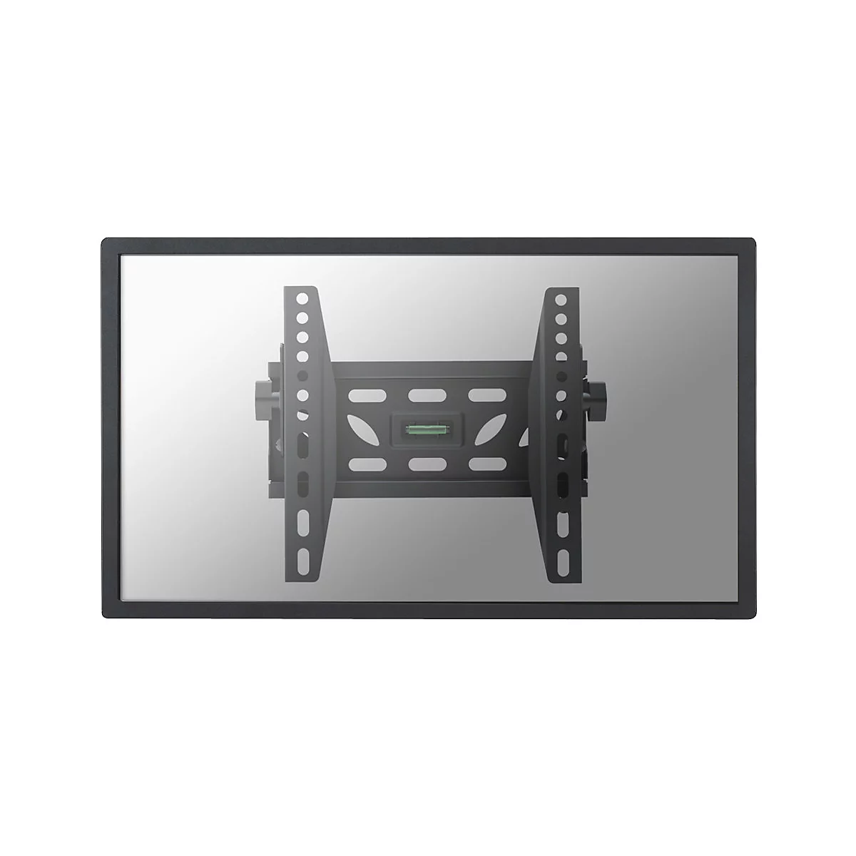 Schwarze TV-Wandhalterung mit integrierter Wasserwaage auf einer grauen Fläche.