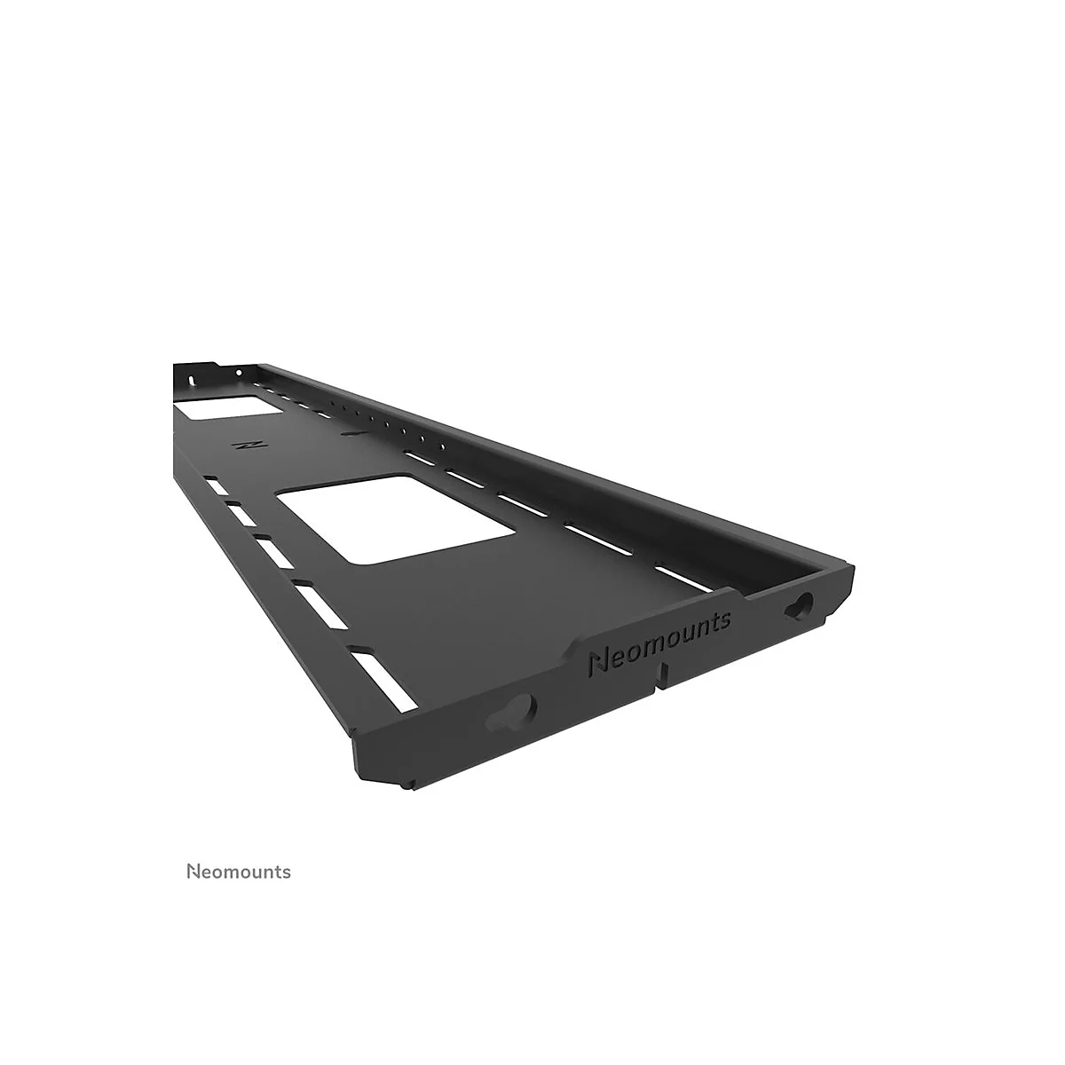 Schwarze Metallhalterung von Neomounts mit rechteckiger Aussparung, auf weiÃŸem Hintergrund.