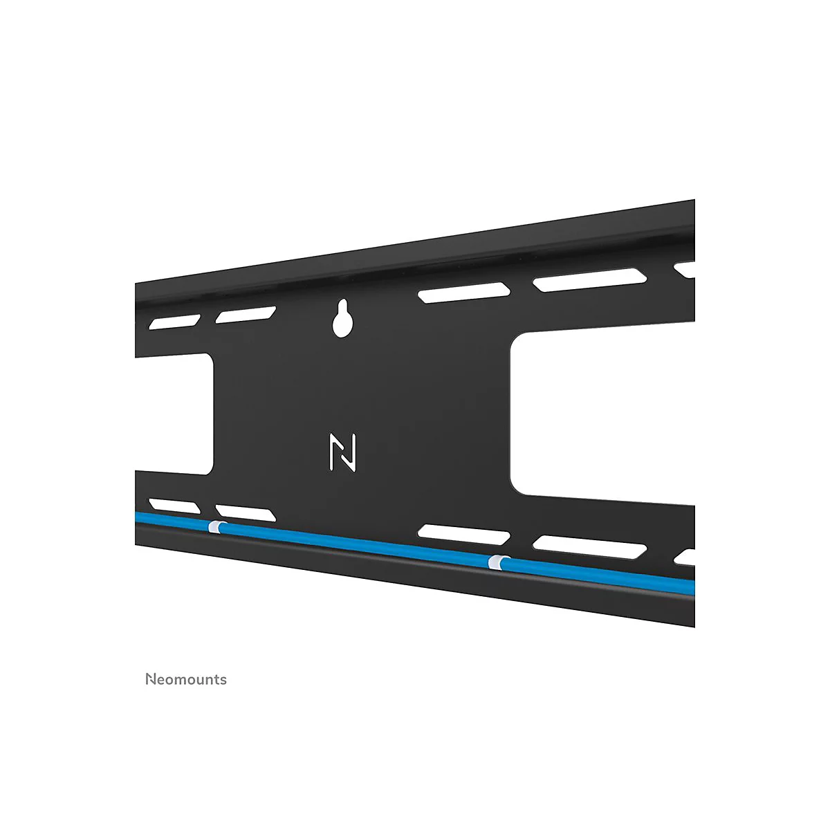 Schwarze TV-Wandhalterung, blaues Kabel, Schriftzug "N".