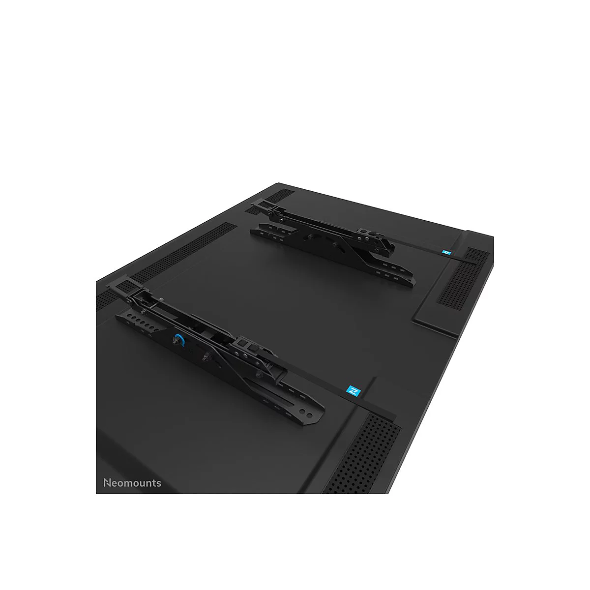 Schwarzer Halterungsmechanismus für einen Fernseher. Das Neomounts Logo ist am unteren Rand sichtbar.