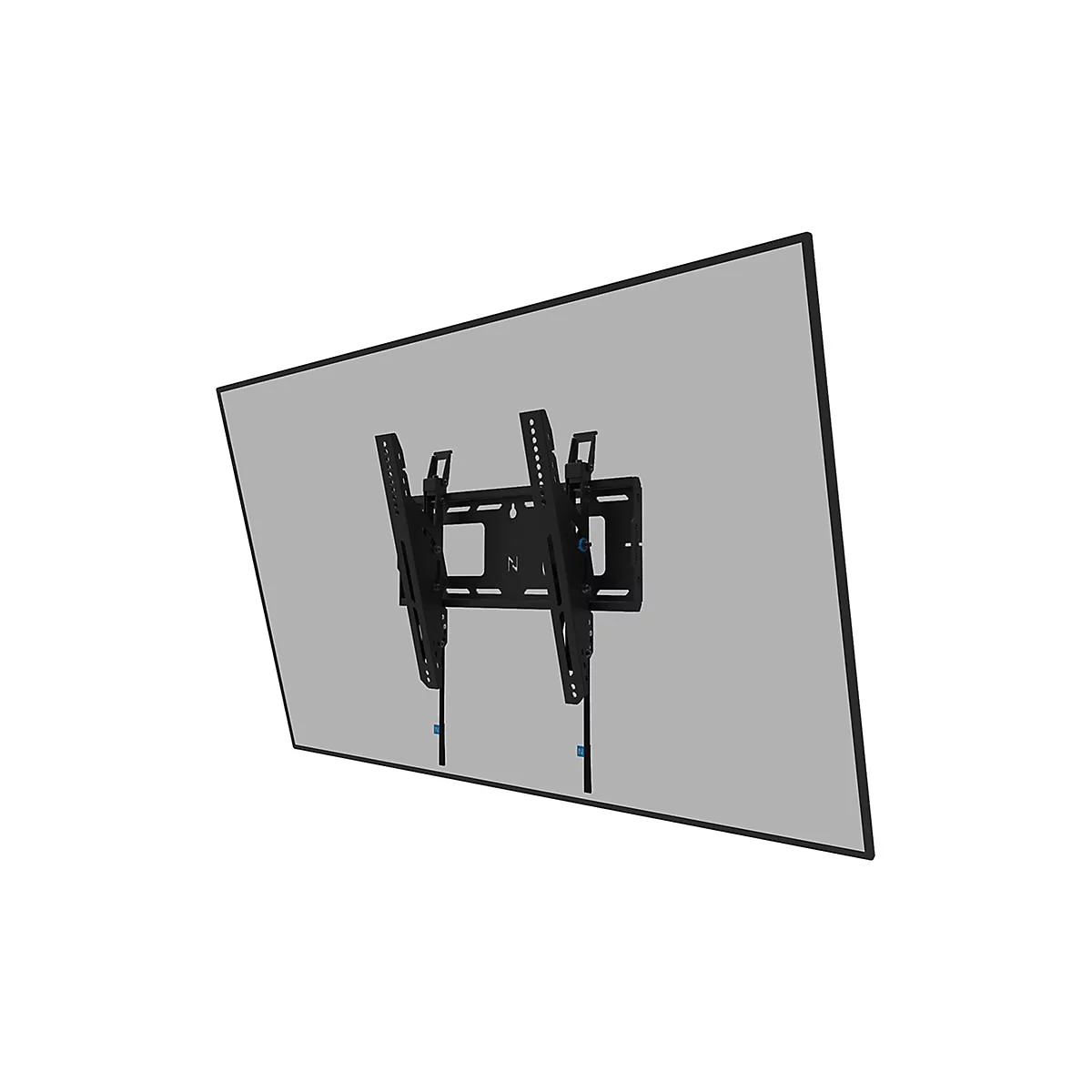 Schwarze TV-Wandhalterung, an einer grauen Wand montiert.