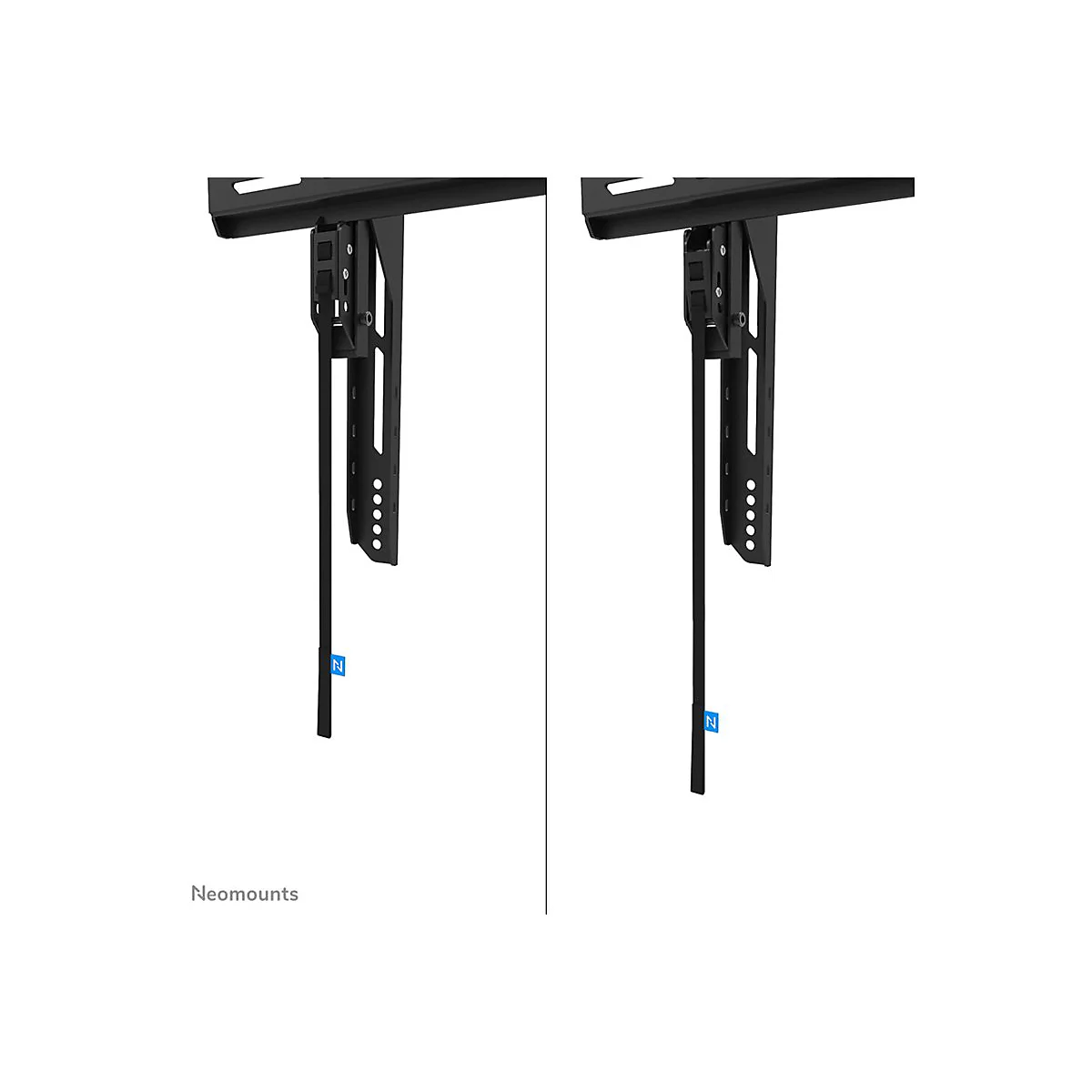 Zwei schwarze TV-Halterungen auf weißem Hintergrund. Die Halterungen haben einen Metall-Look. Der Schriftzug Neomounts ist am unteren Bildrand zu sehen.
