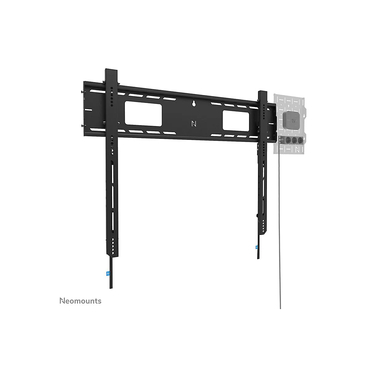 Schwarze TV-Wandhalterung, Einzelteile, mit Herstellerlogo und skizzierten Elementen.