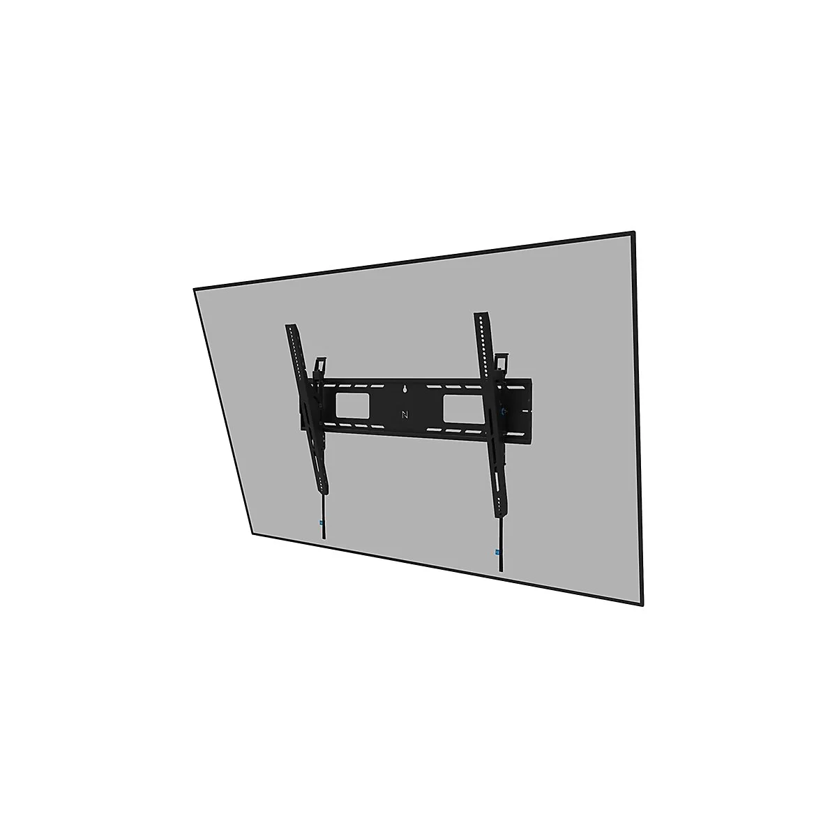 Schwarze TV-Wandhalterung, auf grauem Hintergrund. Halterung mit Löchern und Streben.