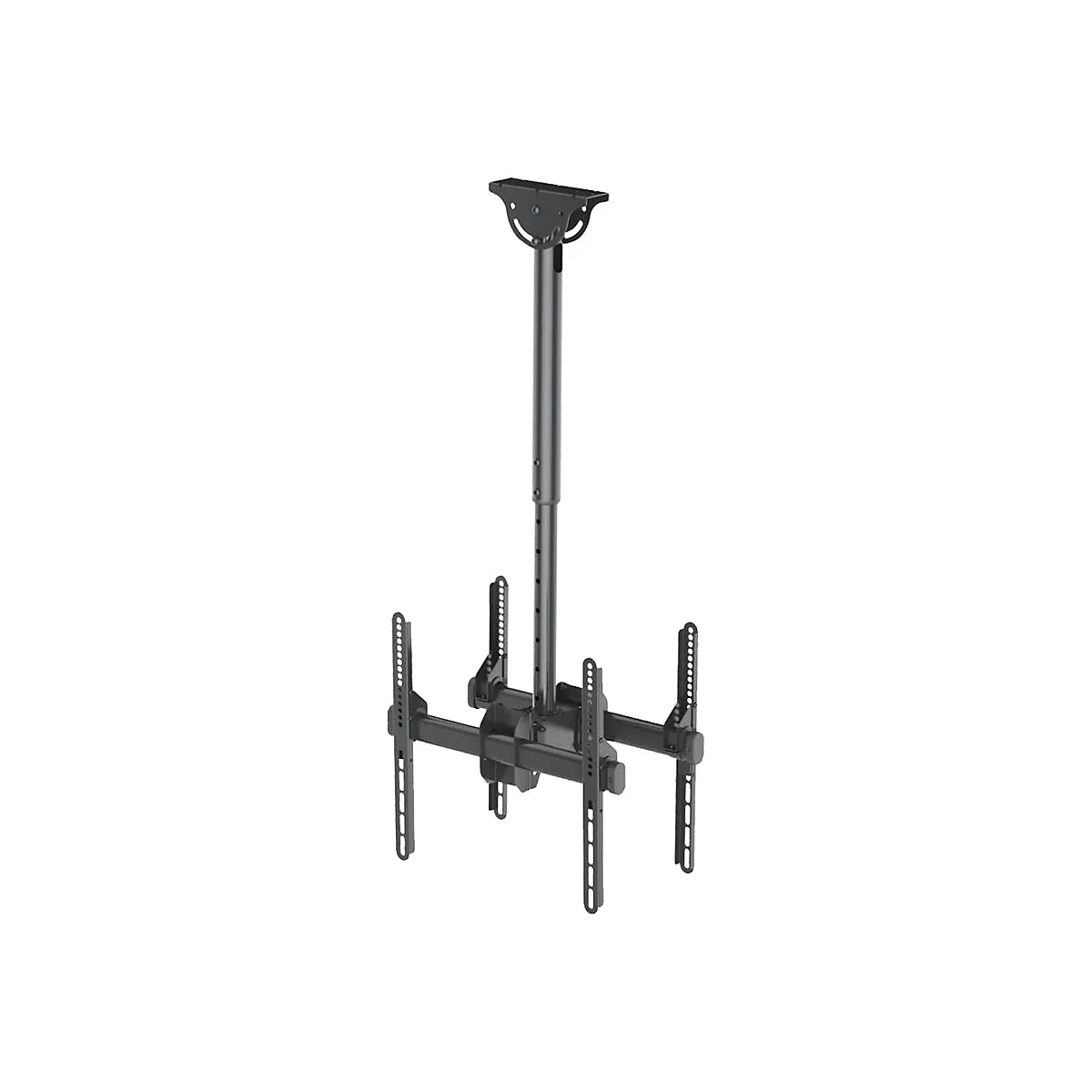 Schwarze Deckenhalterung fÃ¼r Fernseher, mit verstellbaren Armen und Stange, vor weiÃŸem Hintergrund.