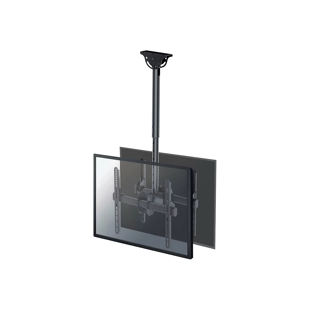 Deckenhalterung fÃ¼r Fernseher. Schwarze Halterung mit stufenlos verstellbarer HÃ¶he und zwei Displays.