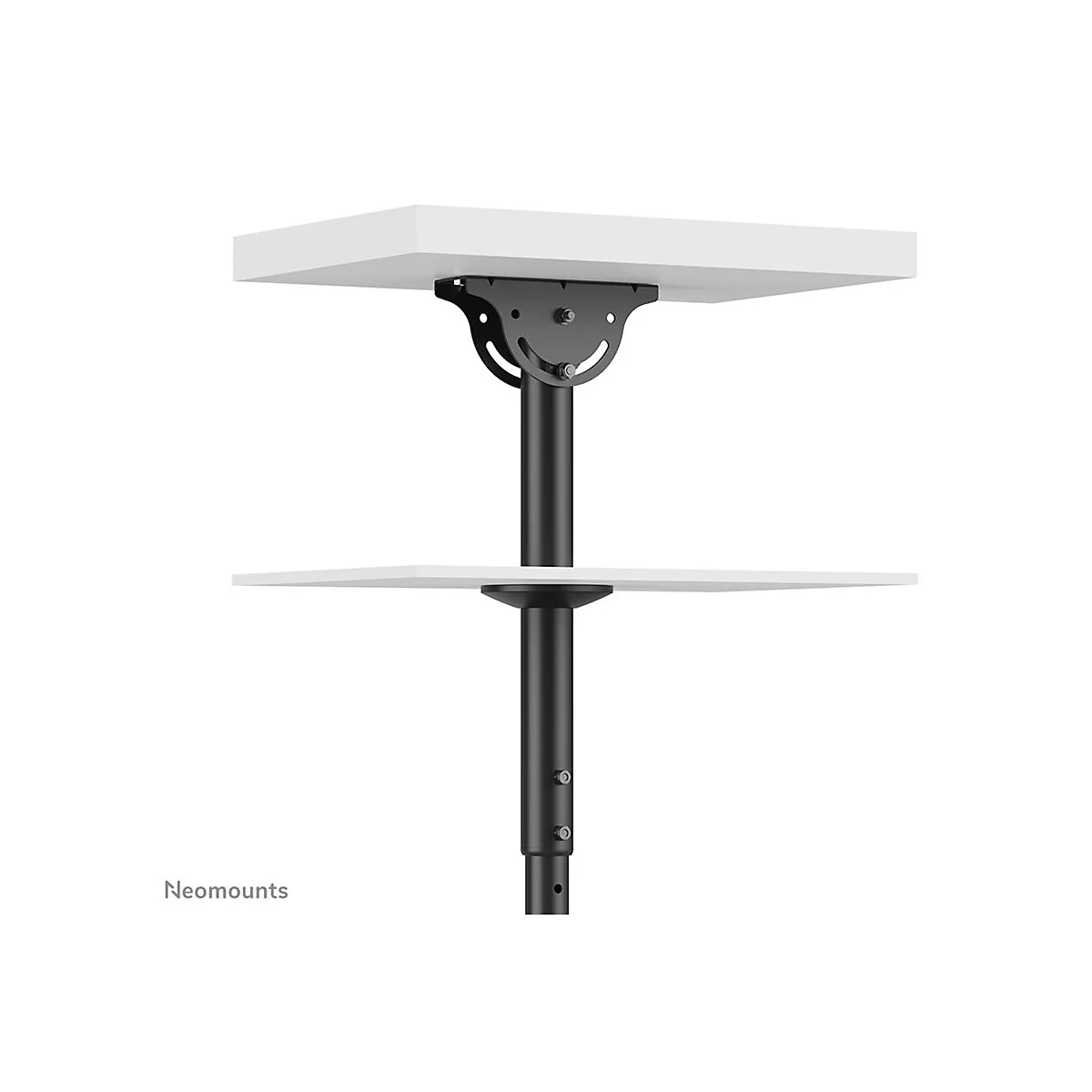 AufhÃ¤ngung mit weiÃŸen Ablagen. Schwarze Halterung an Decke und Tisch, darunter eine zweite Ablage. Neomounts.