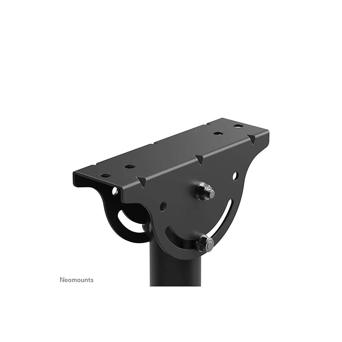 Schwarze Metallhalterung fÃ¼r einen Monitor, an einem weiÃŸen Hintergrund. Oben: eine Platte mit LÃ¶chern, unten: eine gebogene Halterung.