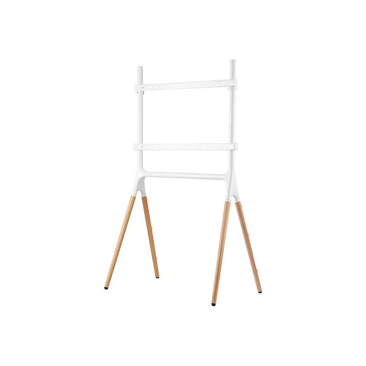 Weißes TV-Stativ mit Holzbeinen; TV-Halterung.