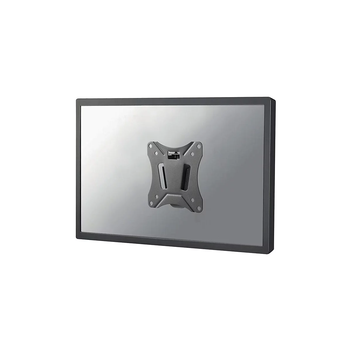 Moniteur noir avec support. Le support est gris et fixé à l'arrière du moniteur.