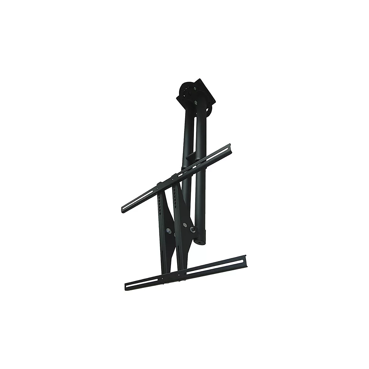 Schwarze Deckenhalterung für Fernseher mit verstellbarer Stange und zwei horizontalen Montagearmen.