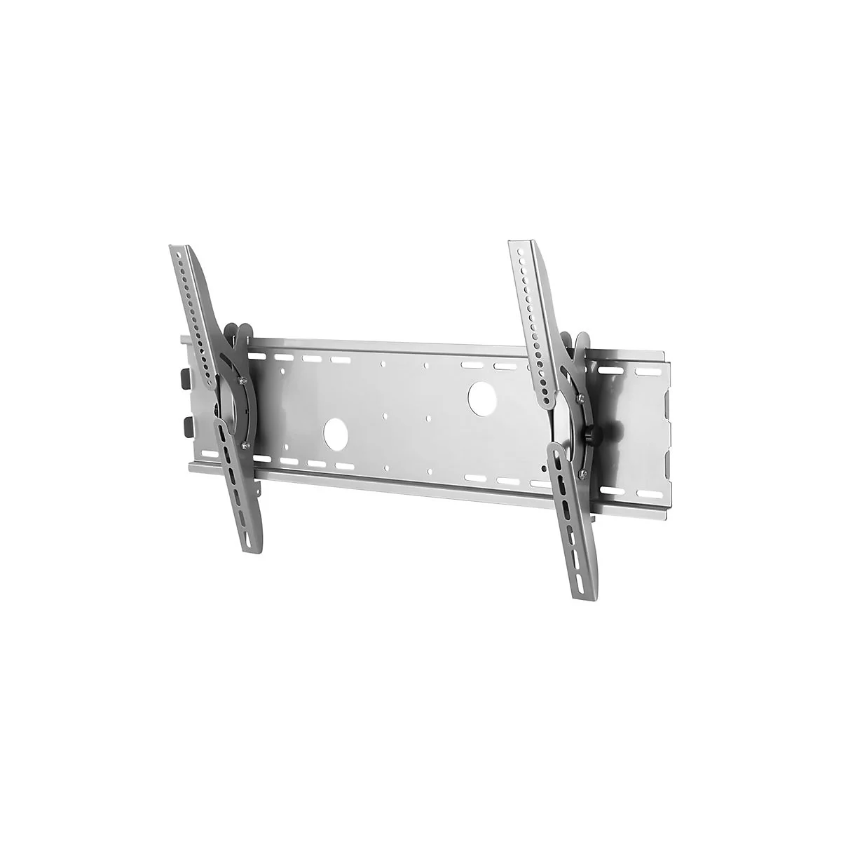 Ein silberner TV-Wandhalter mit zwei vertikalen Armen. Auf der Rückseite sind mehrere Löcher und Aussparungen zu sehen.