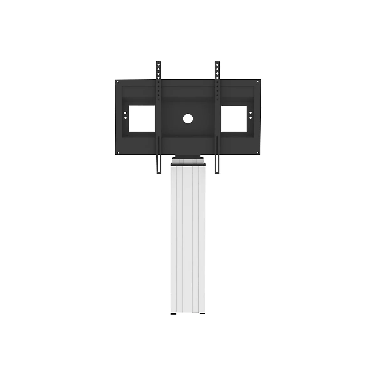 Ein schwarzer TV-Halter vor weiÃŸem Hintergrund. Der Halter ist an einer SÃ¤ule befestigt, die aus vertikalen weiÃŸen Lamellen besteht.