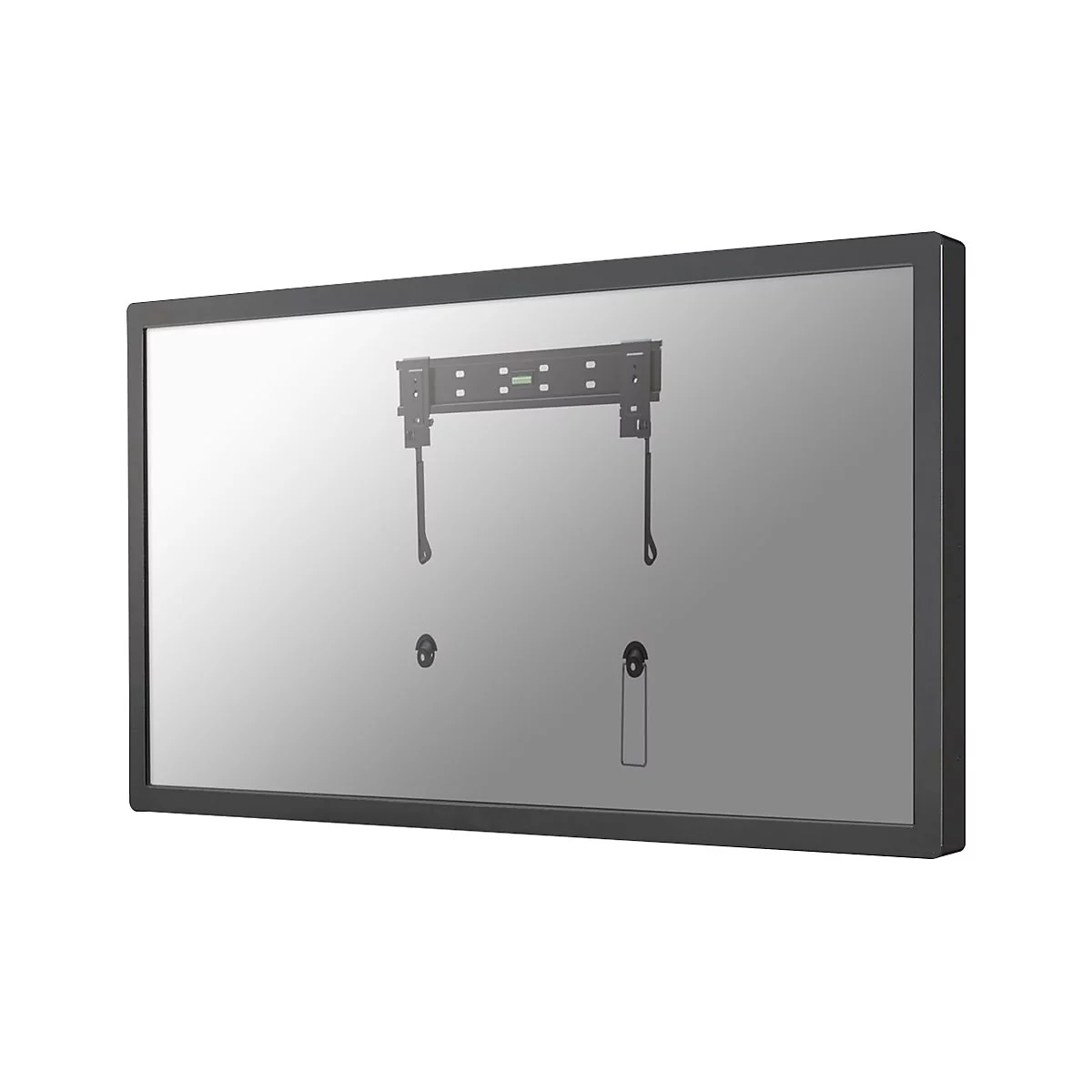 Schwarze TV-Wandhalterung, montiert an der Rückseite eines Flachbildfernsehers vor weißem Hintergrund.