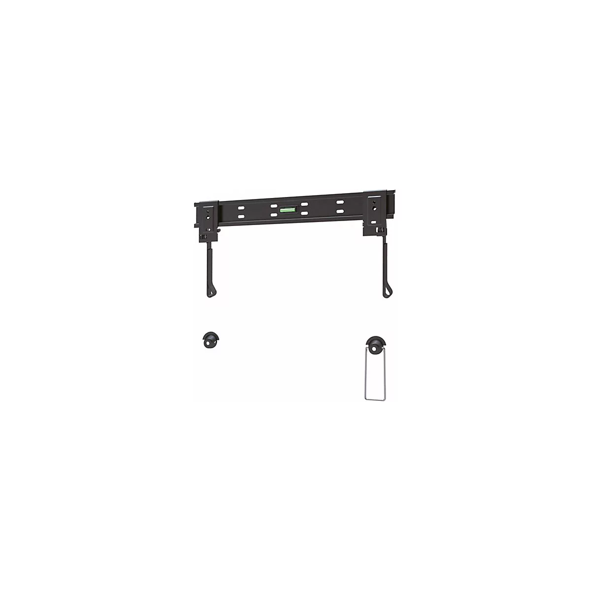 Schwarze Wandhalterung für Fernseher mit integrierter Wasserwaage auf weißem Hintergrund.
