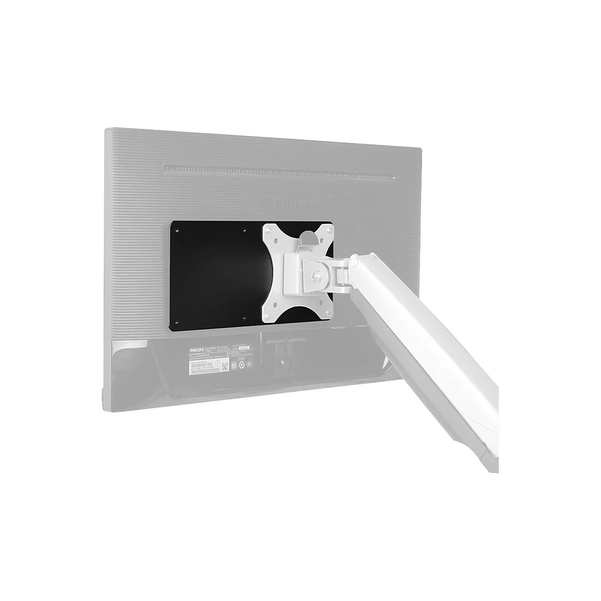 RÃ¼ckseite eines Monitors mit Halterung und Halterungsarm. Schwarze Platte, weisses GestÃ¤nge.
