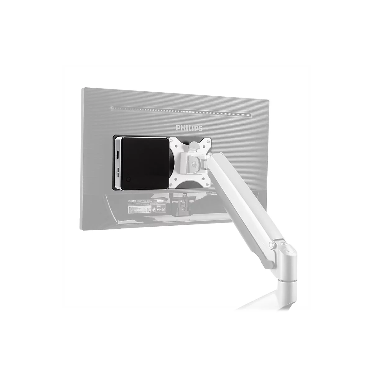Monitor-Halterung mit Bildschirm, dahinter ein schwarzes Tablet. Der Monitor ist an einem weiÃŸen Arm befestigt.