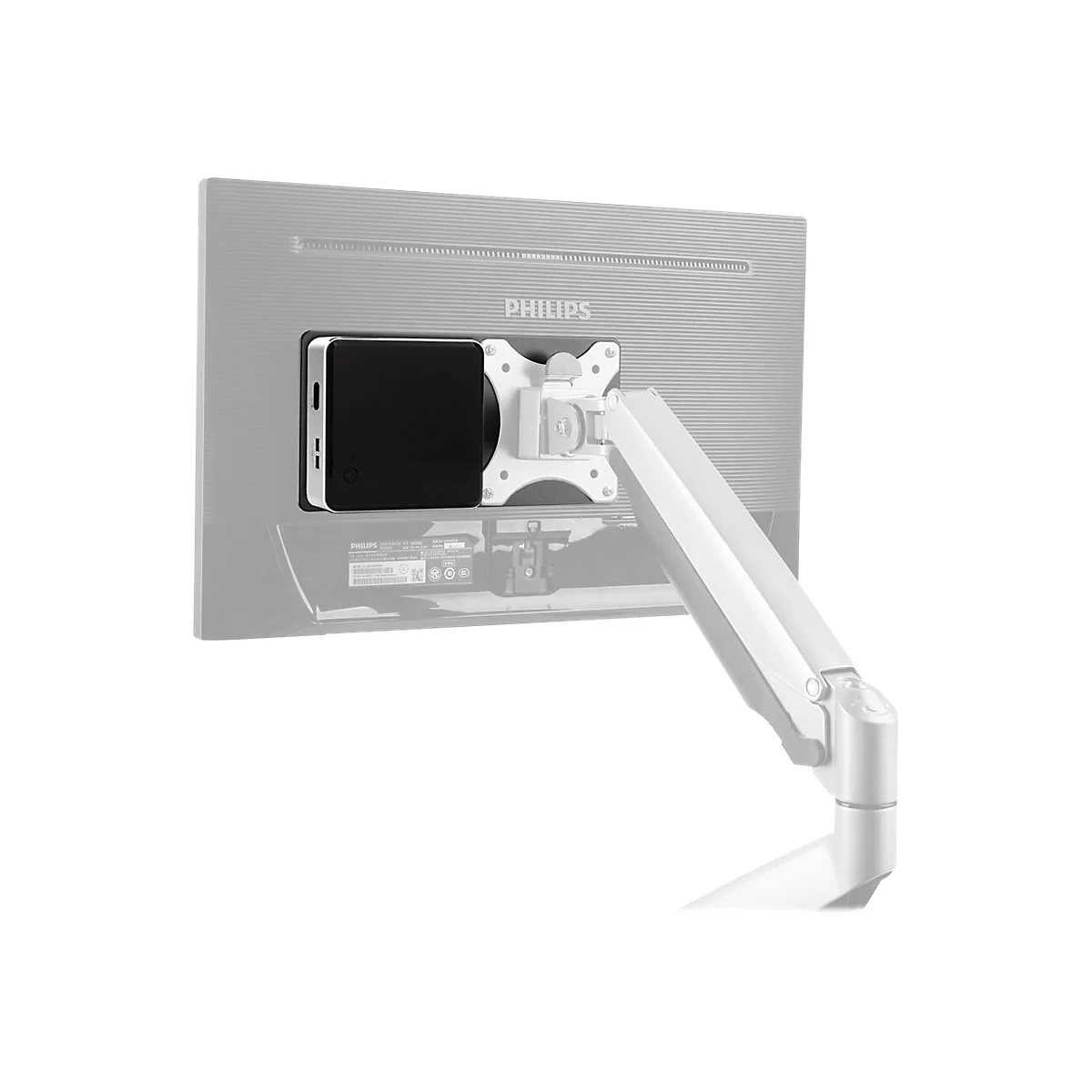 Monitor mit montierter Halterung und Smartphone. RÃ¼ckseite des Bildschirms mit Philips-Logo, Arm fÃ¼r HÃ¶henverstellung.