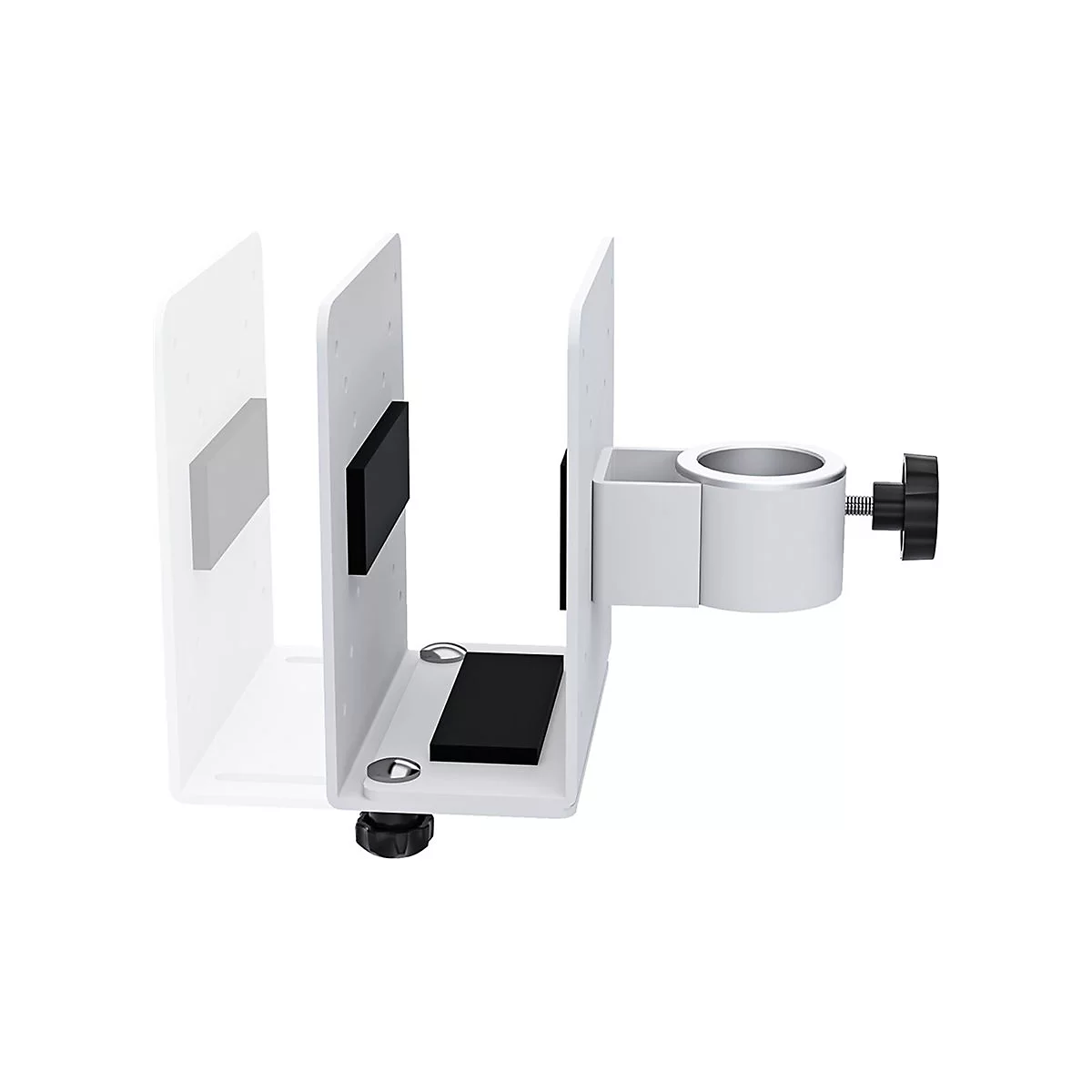 Halterung fÃ¼r Glas. U-fÃ¶rmiges Metallteil mit schwarzem Rechteck und zylindrischer Halterung.